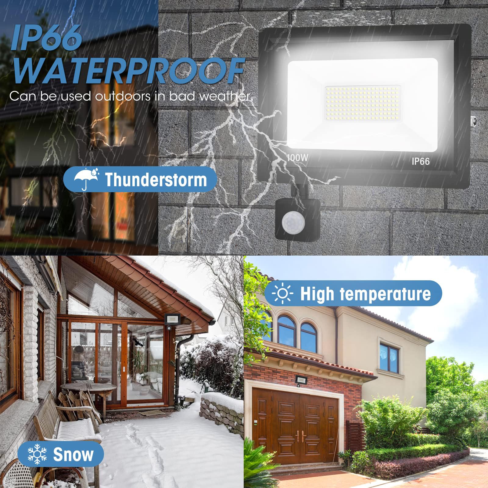 Jefedana 1pack-faro led esterno con sensore movimento 100W Bianco Caldo 3000K IP66 Impermeabile faretto esterno con sensore di movimento 10000LM faretto led da esterno per Cortile,Giardino