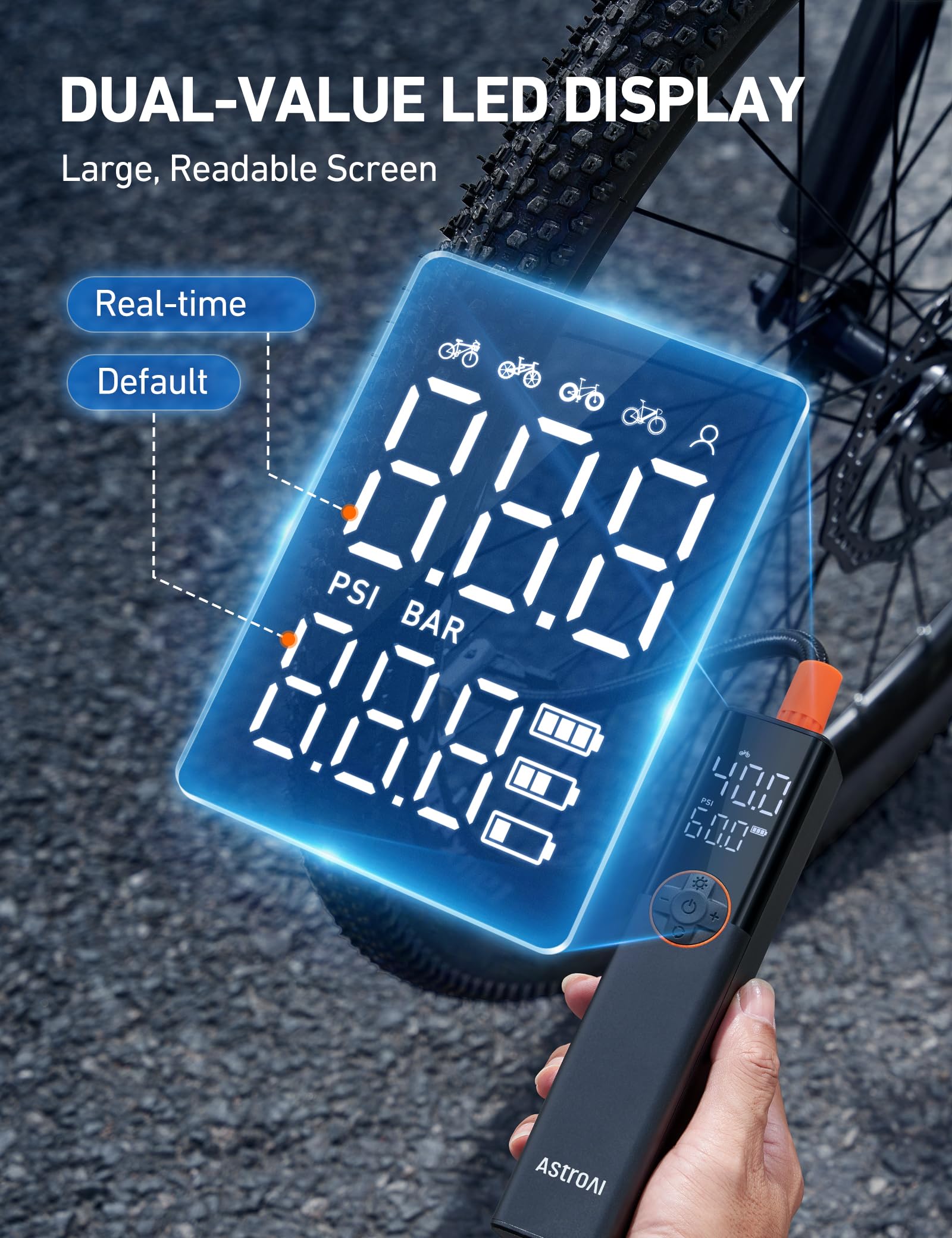 Pompa rowerowa AstroAI Elektryczna pompa powietrza, 150 PSI Mini przenośna pompa rowerowa na baterie, pasująca do wszystkich zaworów, silnik wysokiego napięcia specjalnie do rowerów