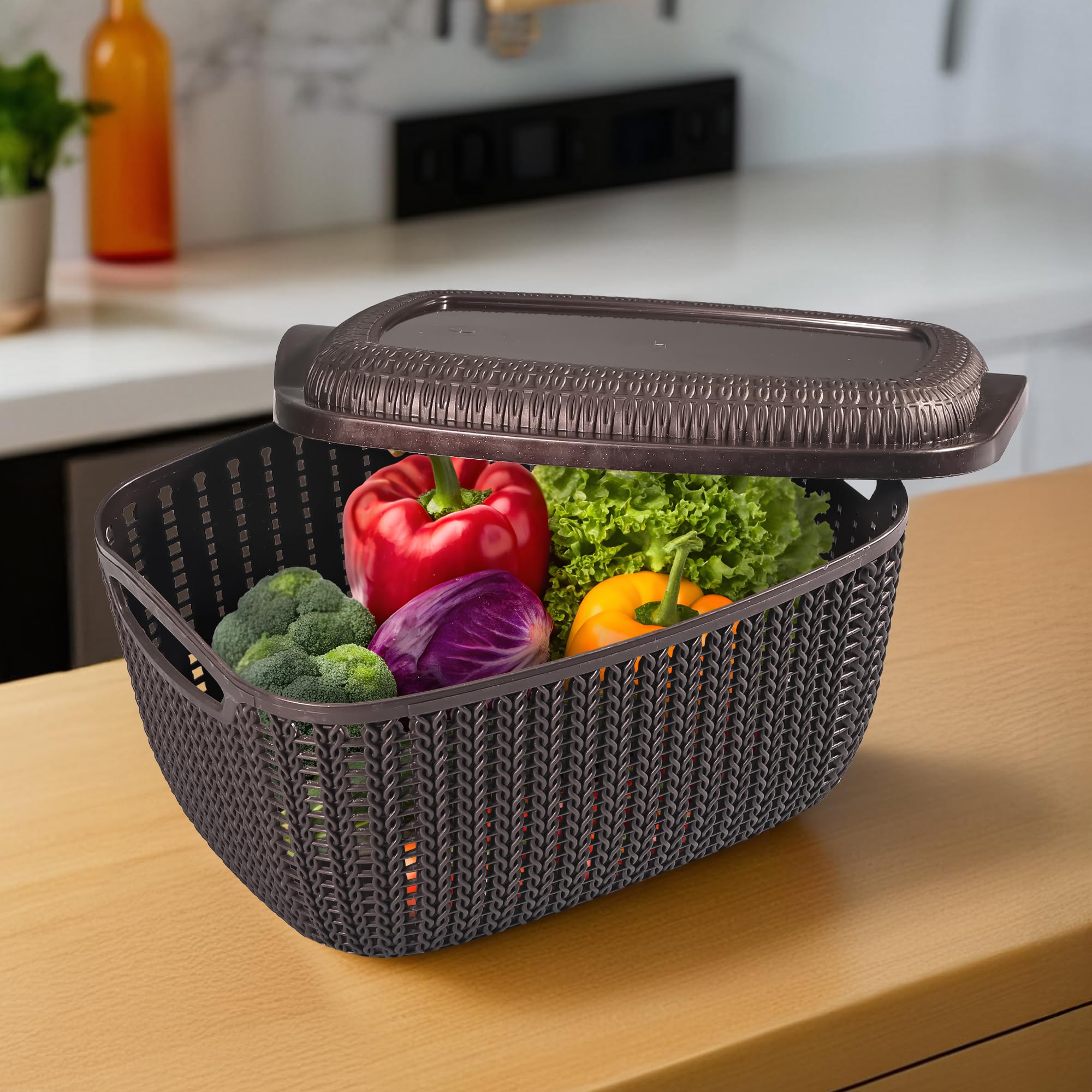 Kuber Industries M 25 Plastic Basket for Storage Vegetables and Fruits with Lid | Lightweight & Ventilated Cosmetics/Small Toiletries Basket for Bathroom and Home | Brown-image-25