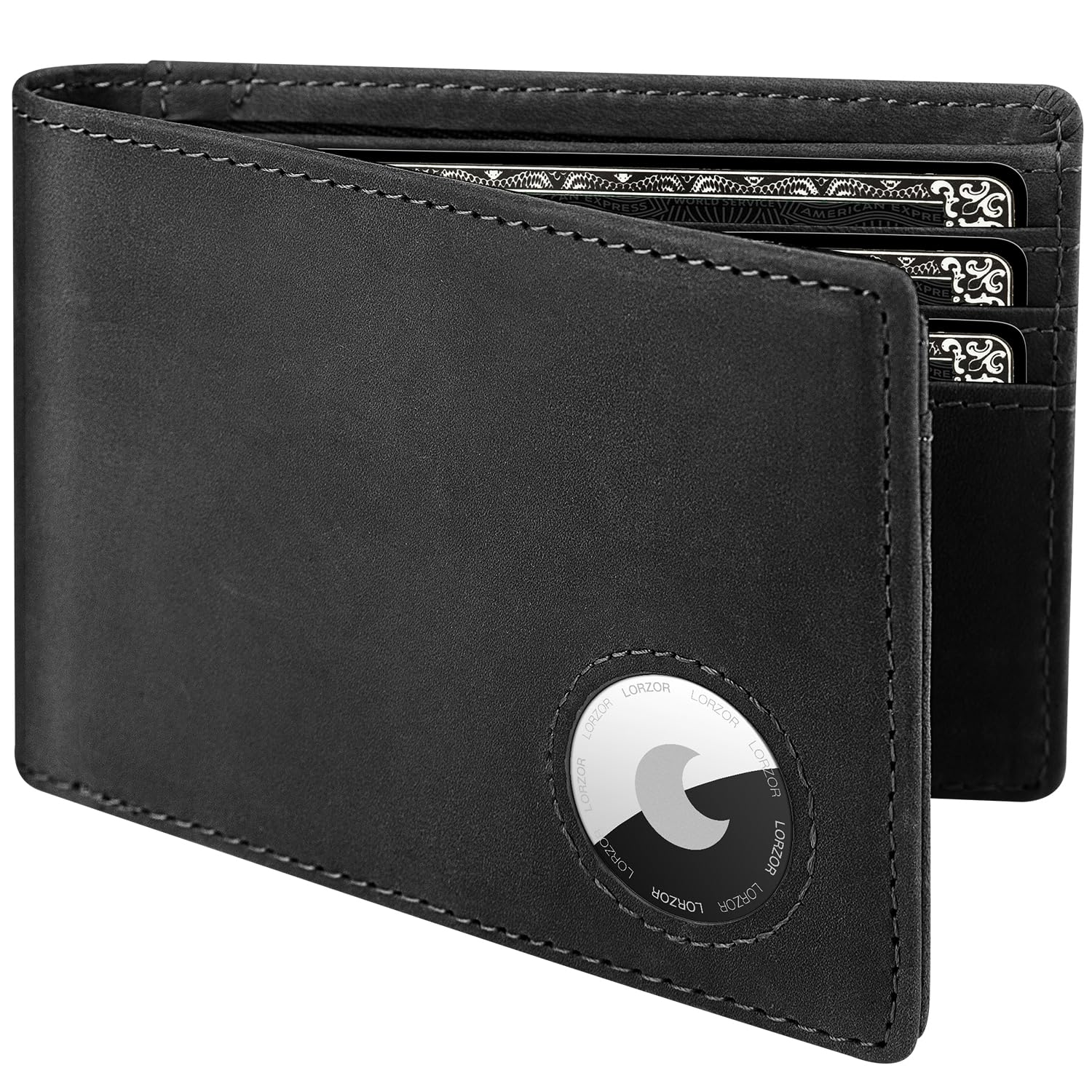 LORZOR Wallet for Men for Apple AirTag, Bifold Full Grain Leather Mens AirTag Wallet with AirTag Holder, RFID Blocking Air Tag Wallet with ID Window