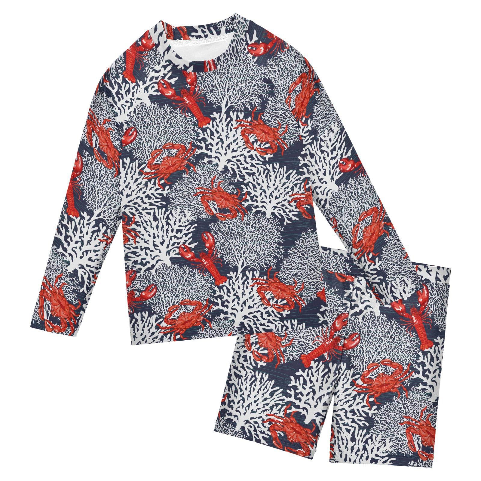 Aflyko Boys 2-Piece Swimwear Marine Lobster Crab Coral Ocean Rashguard Set Swim Trunks with Shirt Soft Fabric Little Kid Board Shorts Comfy for Everyday Swimmer, 5-6T