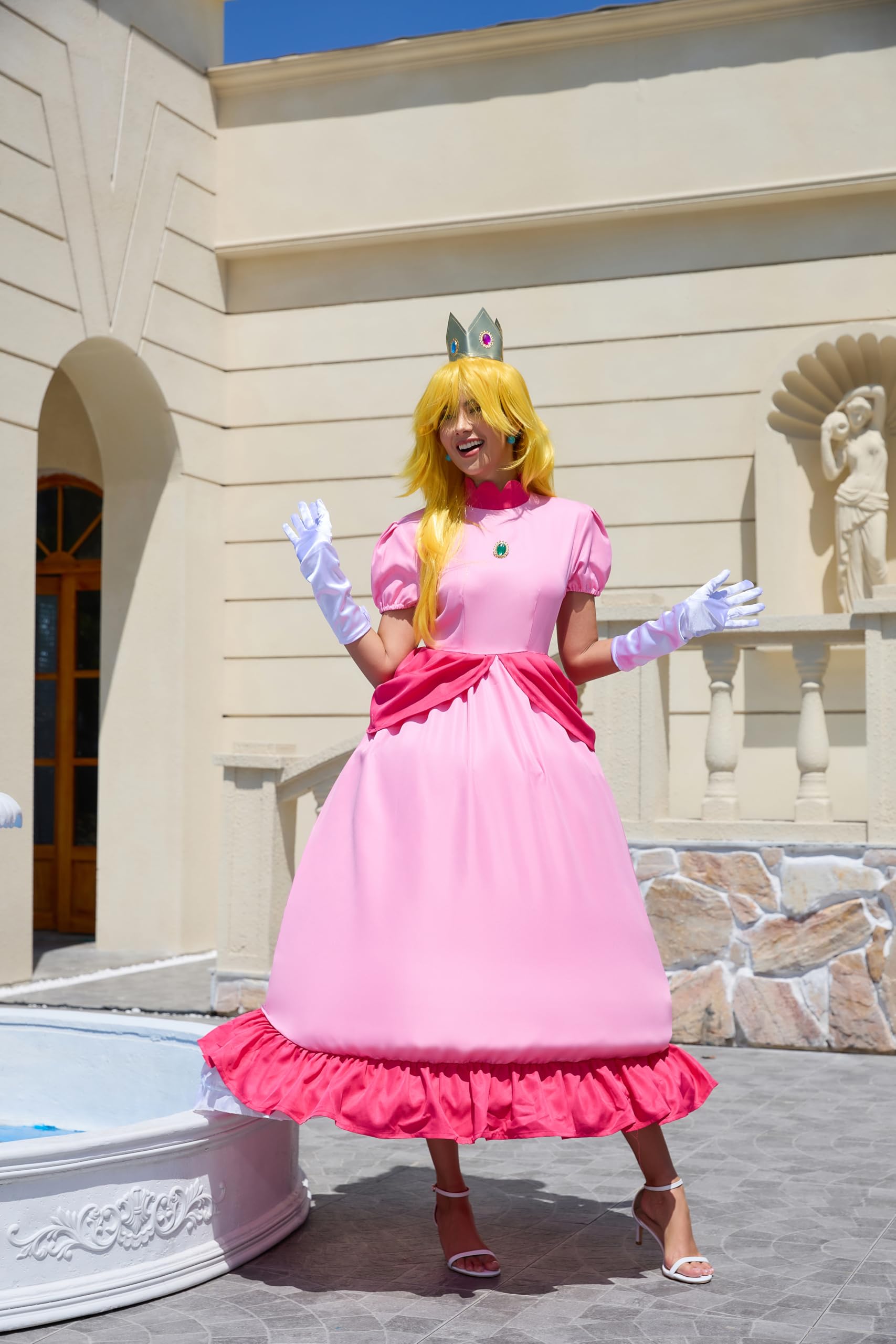Prinzessin Pfirsich-Kostüm für Damen, 2023, Superbrüder, Cosplay, Kleid, Krone, Ohrringe, Handschuhe, komplettes Set, Erwachsenen-Halloweenanzug