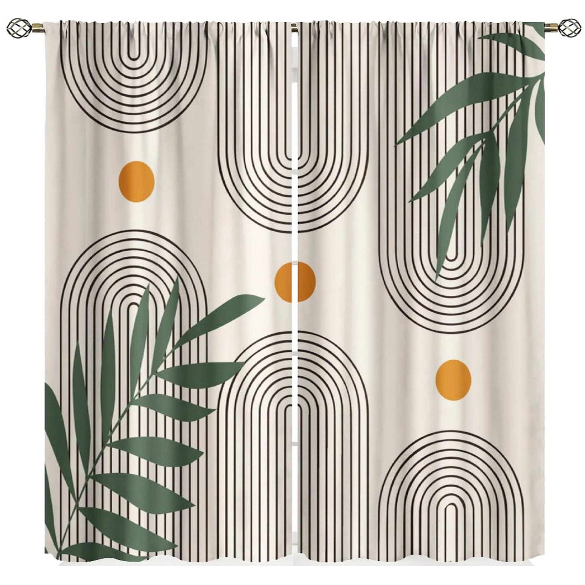 Boho Mid Century Curtains, Modern Abstract Tropical Leaf Aesthetic Minimalist Geometric Arch Window Treatments for Bedroom Living Room Cafe Bohemian