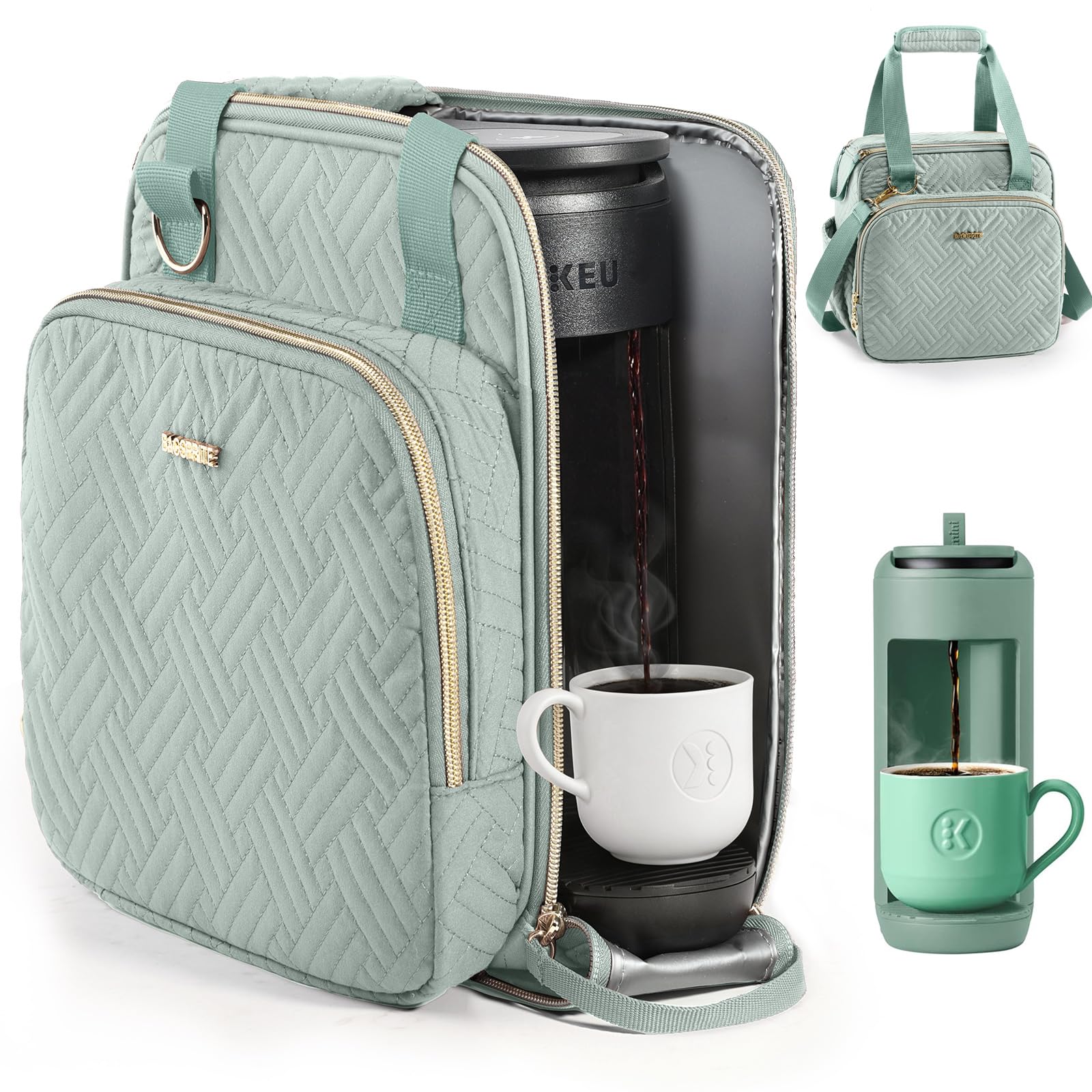 Coffee Maker Travel Bag Compatible with Keurig K-Mini Mate, Full Open Carrying Case with Quilted Padded Soft Microfiber, K-Cup Single Serve Coffee Maker Bag with Pod Organizer, Mug Pockets