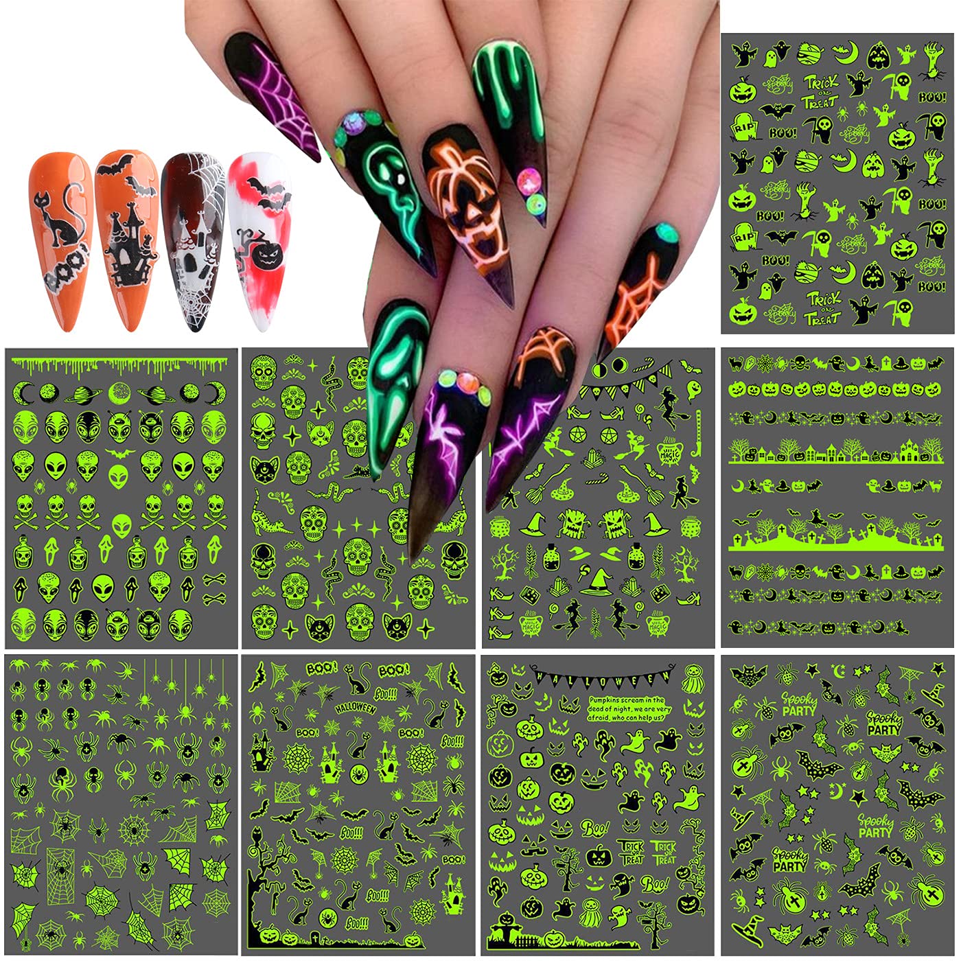 Amazon.com: BEAULA 9 Sheets Noctilucent Nail Art Stickers Decals Halloween  Spider Ghost Bat Witch Grave Black White Nail Charms 3D Self Adhesive  Luminous Women Kids Acrylic Nail Decoration Glow in Dark :