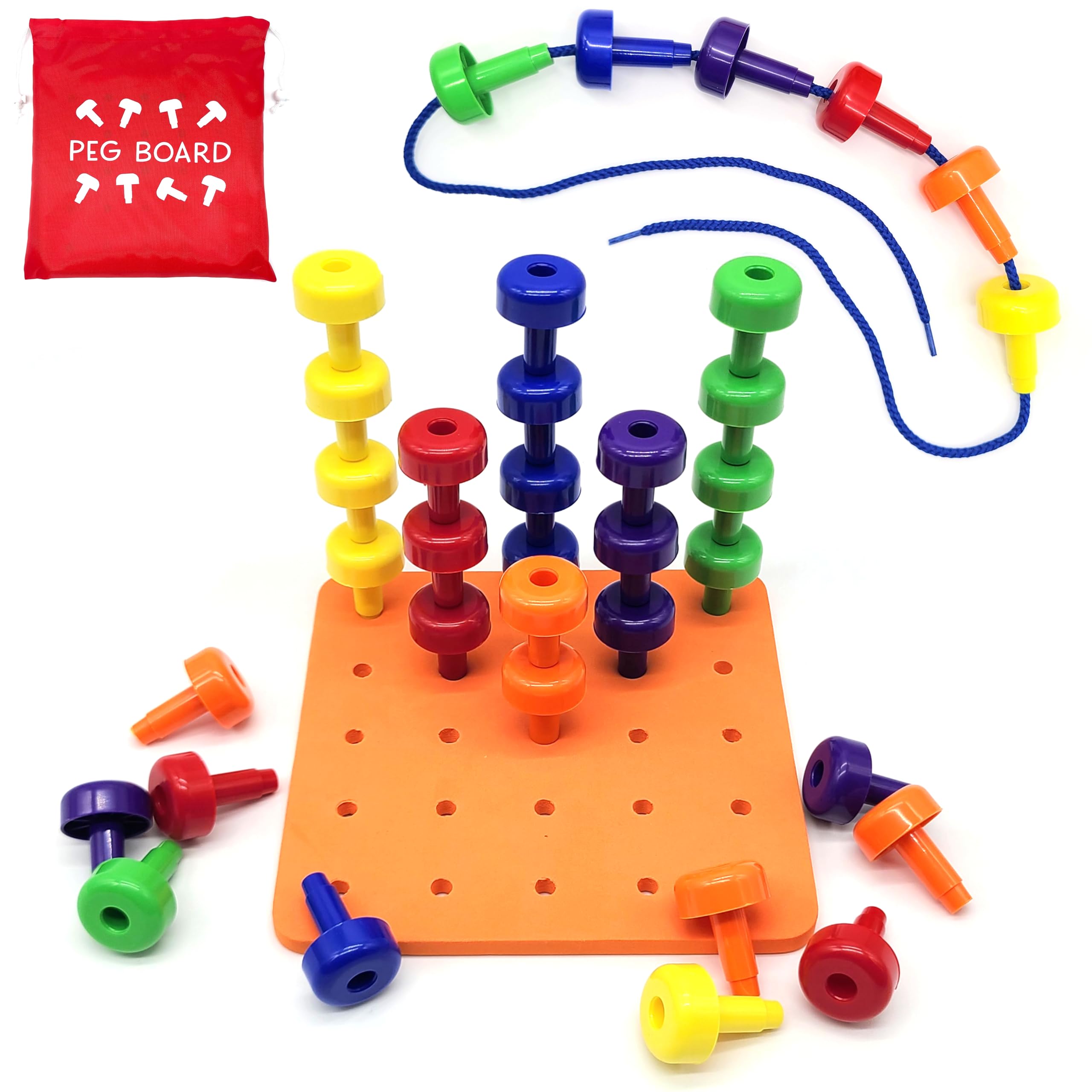 LMC Products Foam Peg Board Toy - 36 Pegs, Foam Board, Lacing String, Storage Bag - Occupational Therapy Toys - Fine Motor Skills Toys for Toddlers and Kids (Orange)