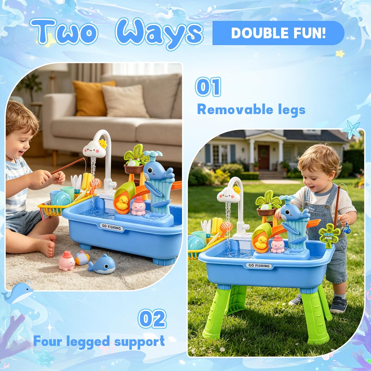 Upgraded Toddler Sand Water Table Toy with Electric Water Pump, Kids Sand Water with Faucet/Play Food Accessories/Fishing Toy, Kitchen Play Sink Toys for Girl Boy Age 3+ (Blue-Cloud)