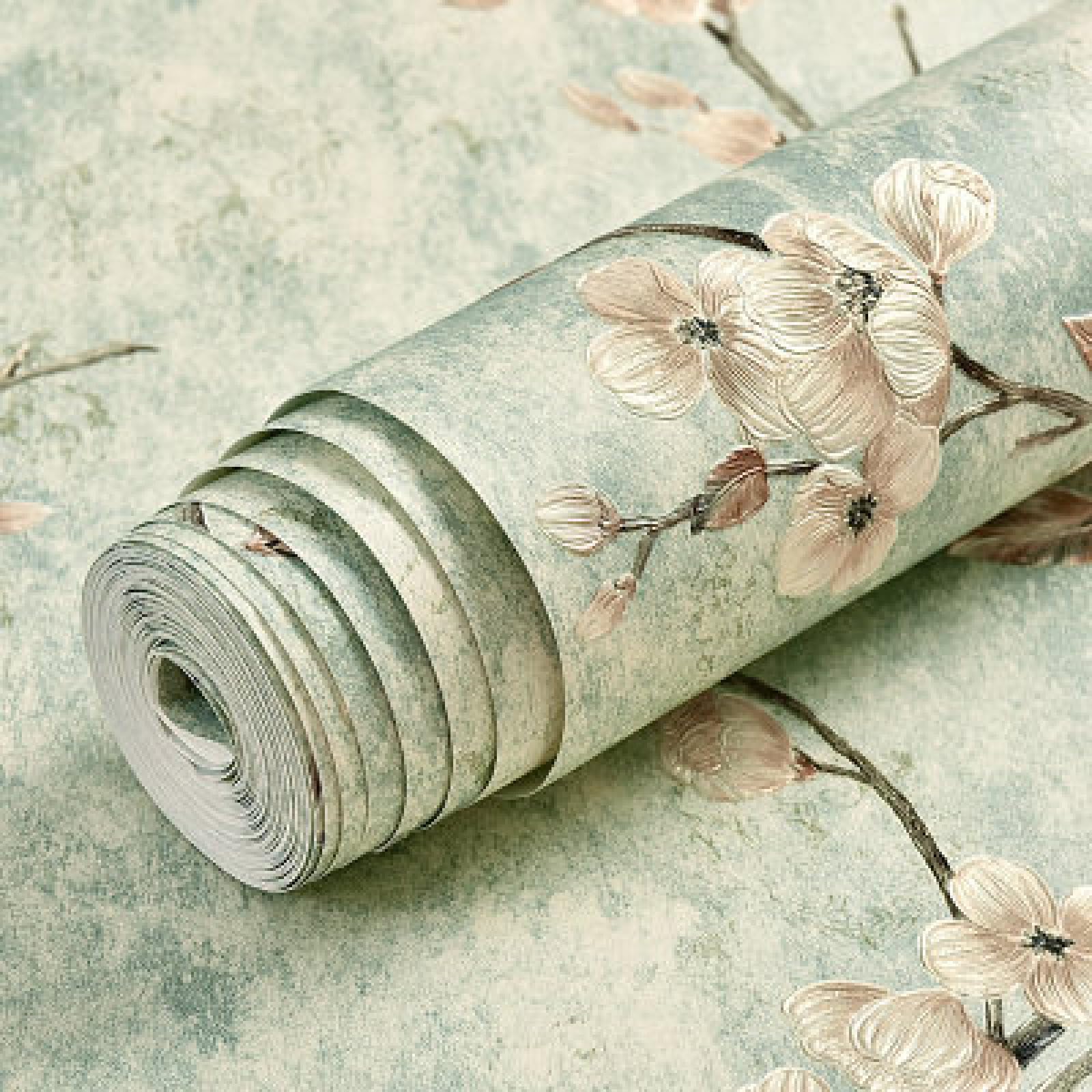 Samoprzylepna tapeta, świeże, zielone kwiaty w stylu retro, 53 x 300 cm, 3 rolki, folia samoprzylepna, winylowa, samoprzylepna, odporna na działanie wody, tapeta do salonu, tapeta ze wzorem, tapeta do
