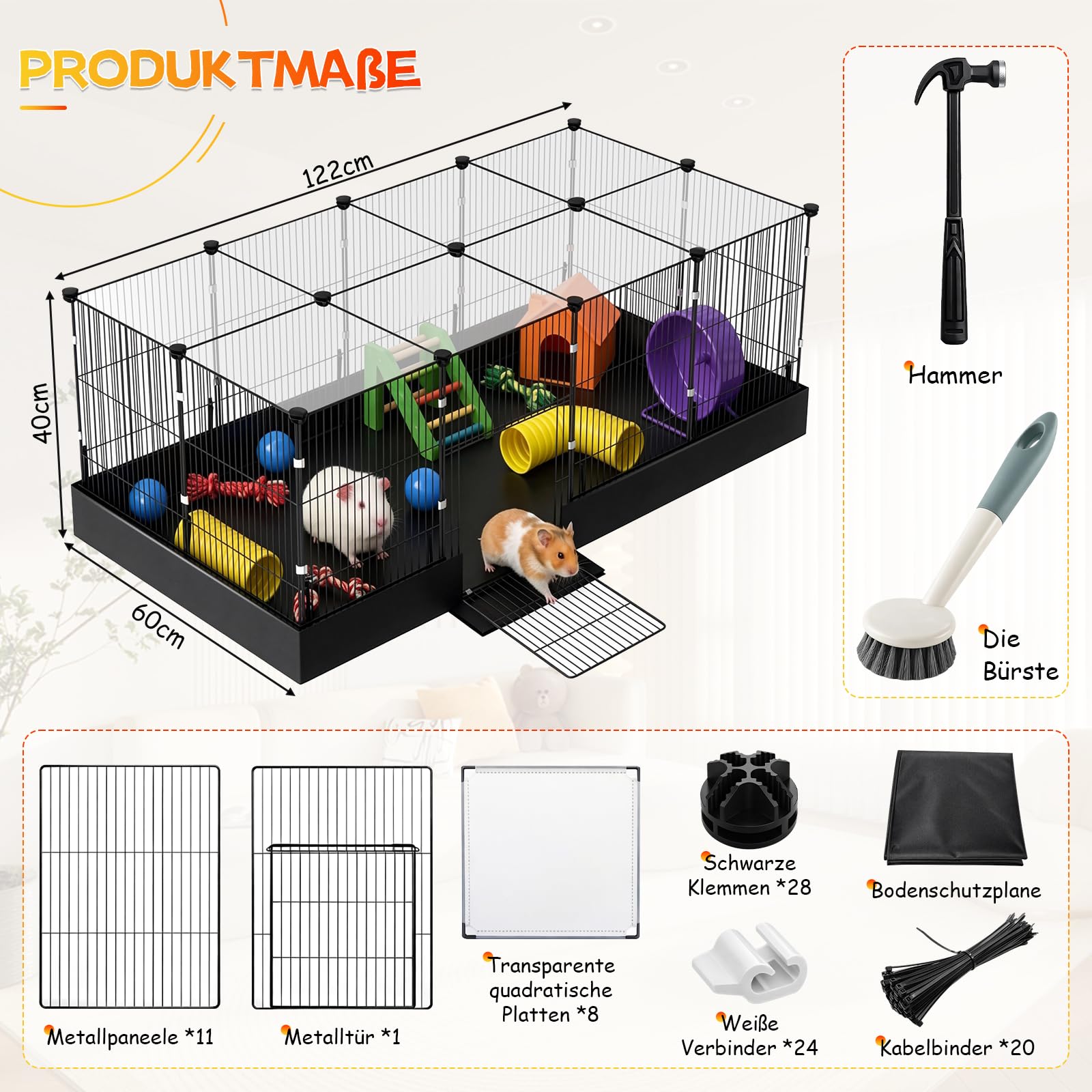 Kleintiergehege, Meerschweinchen Gehege Hasenkäfig Innen mit Oberer Abdeckung & Wasserdichtem Bodenfutter Gehege für Kleintiere 122CM x 60CM x 40CM Kaninchengehege DIY Metall Hamster Igel Welpe