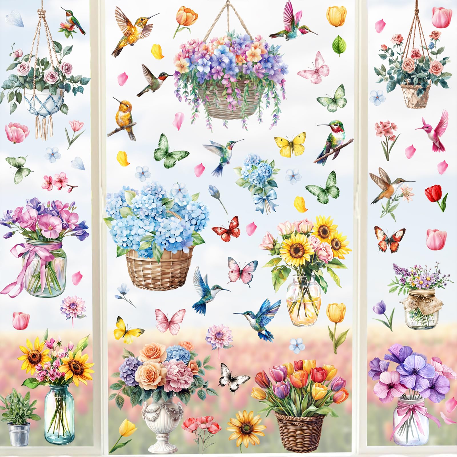 Cmaone Spring Window Clings Tulip Flower Window Stickers Hello Spring Double-Side Glass Decals for Home Office School Party Shop Display Decoration