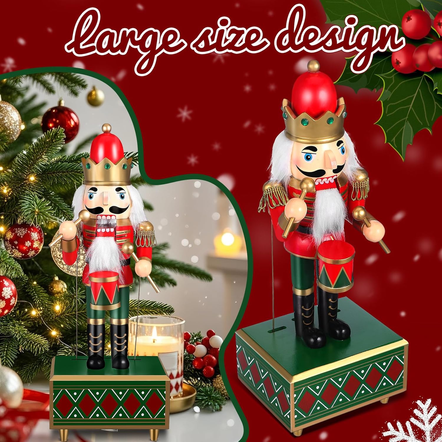 BESPORTBLE Wooden Nutcracker Soldier Music Box Rotating Christmas Nutcracker Craft Xmas Table Decor Red Wood Adornment