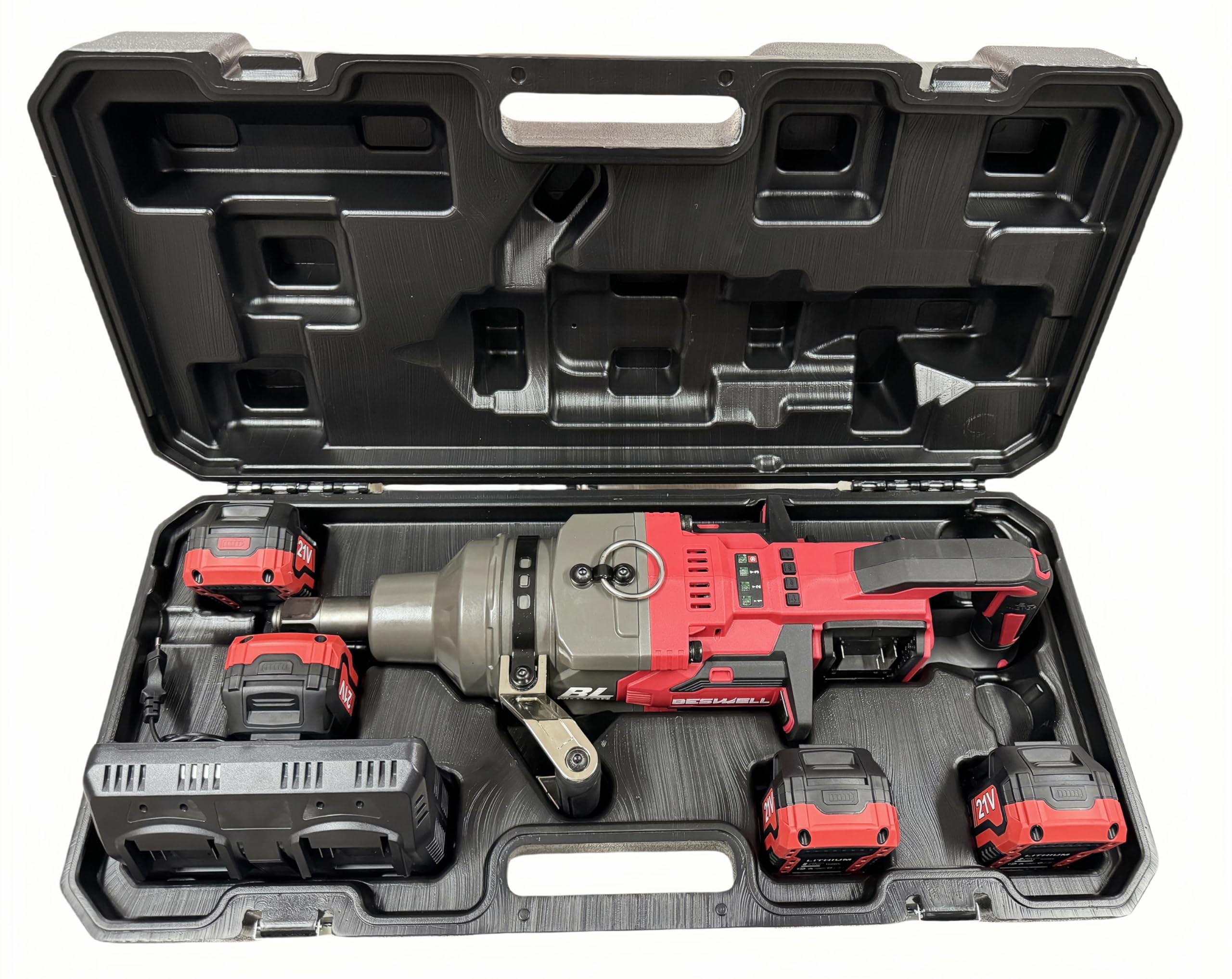 Clé à chocs sans fil BESWELL-CIW-1100B-B de 1" avec enclume courte, clé à chocs électrique puissante, kit de clé à chocs avec 4 batteries Li-Ion de 5,0 Ah et chargeur double