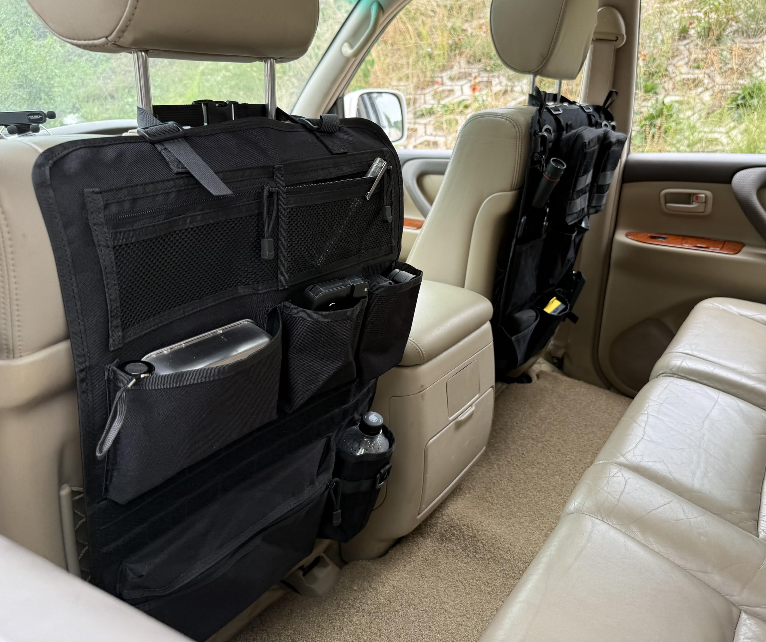 Taktischer Autositz Organizer 42x62cm mit MOLLE-System, Netztaschen, Becherhalter - Schwarz