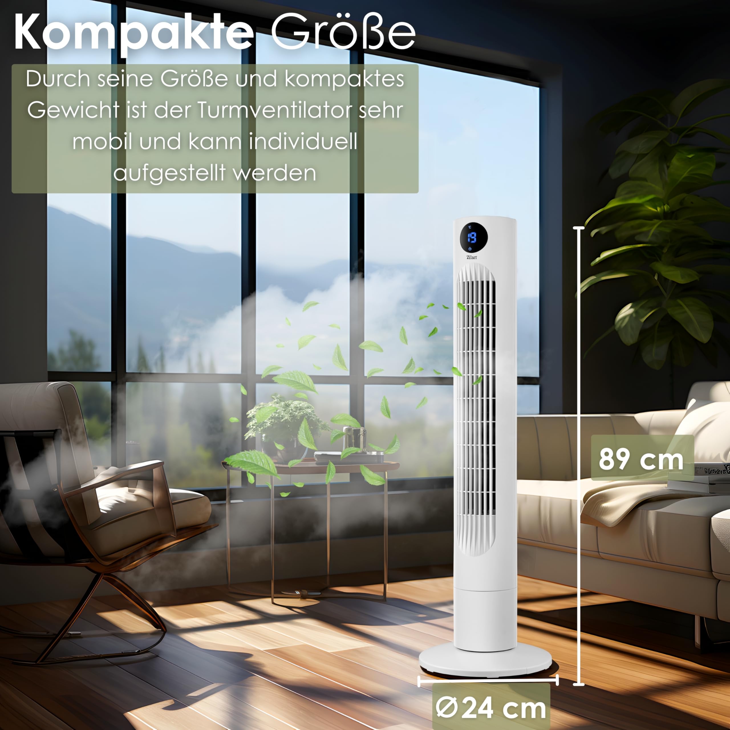 Zilan Turmventilator sehr leise mit Kühlung Standventilator energiesparend Säulenventilator mit Fernbedienung 3 Modi Ventilator Oszillierend 12h Timer LED-Display Tower Fan Aircooler Bodenventilator