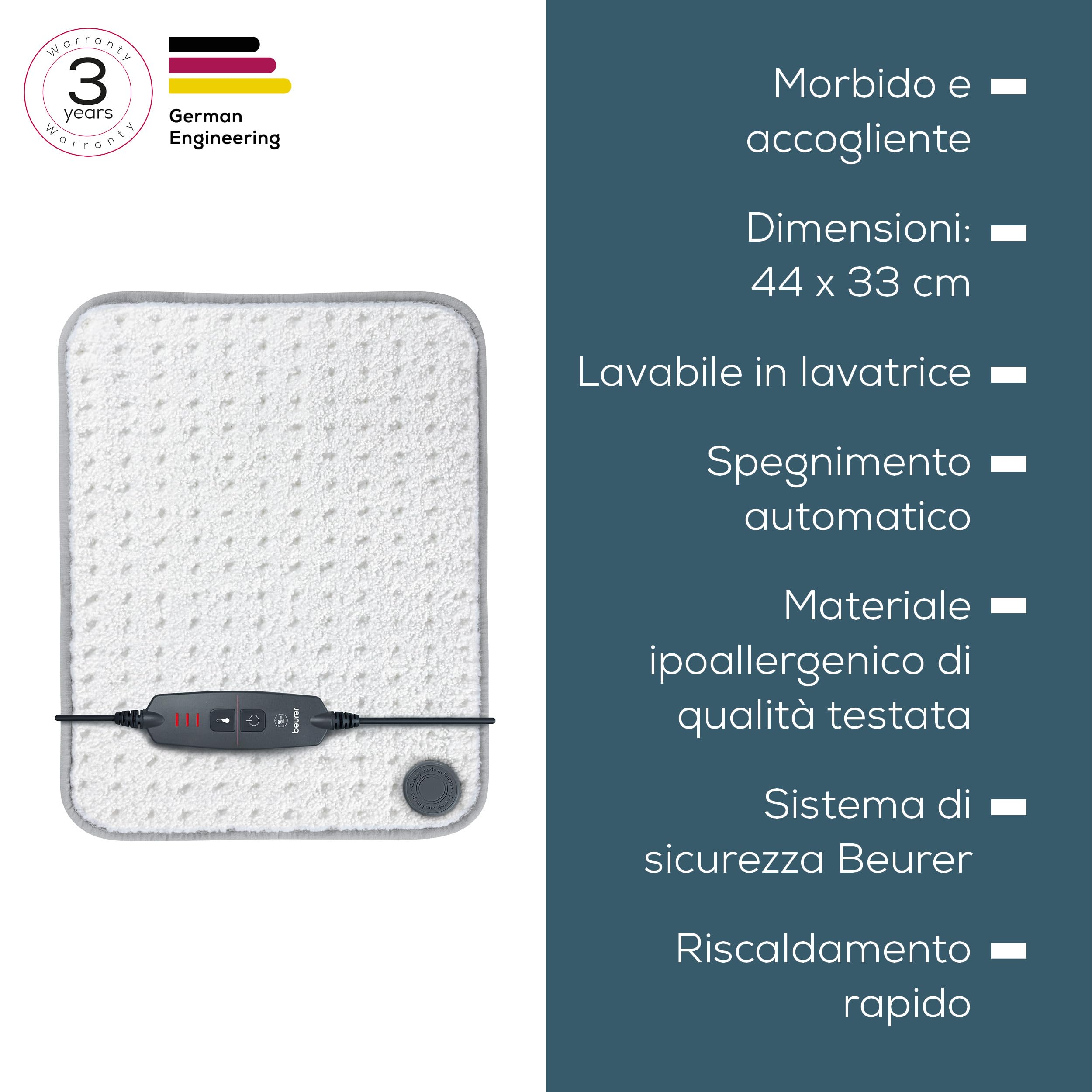 Beurer HK 43 termoforo, tappetino termico extra morbido con spegnimento automatico e 3 livelli di temperatura, con riscaldamento rapido, lavabile in lavatrice fino a 30 °C, Bianco