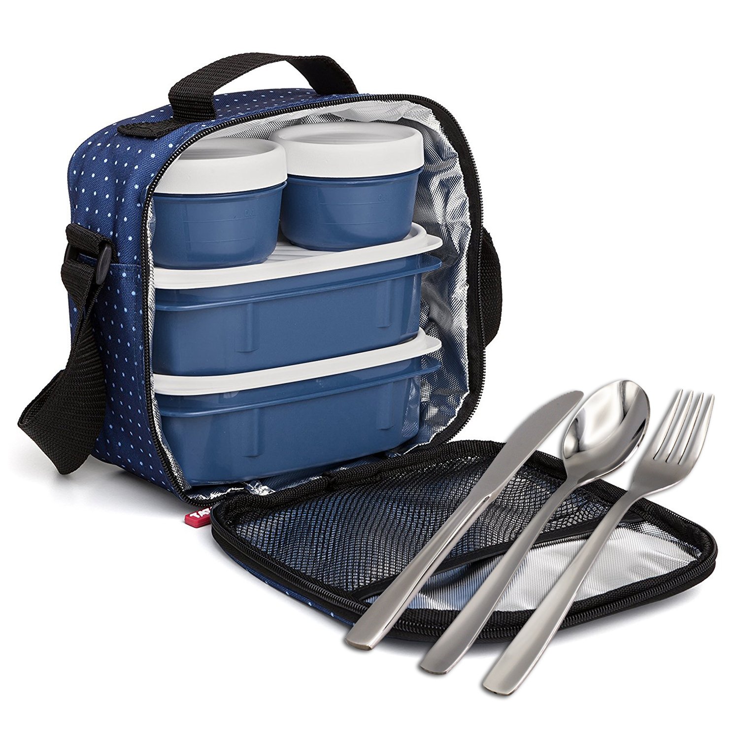 Lunch Box Pratique Et Élégante Urban Food Avec Couverts Sans Nickel - Sac Thermique Bleu à Pois
