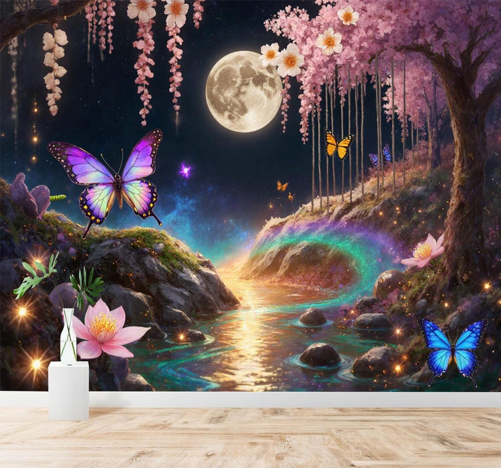 Tzxztt Moon Cherry Blossoms Butterflies River Dreamlike Night View Modern 3D Wallpaper Premium Textured Silk Neutral Tones Material Ideal for Living Room Bedroom-350cm×256cm