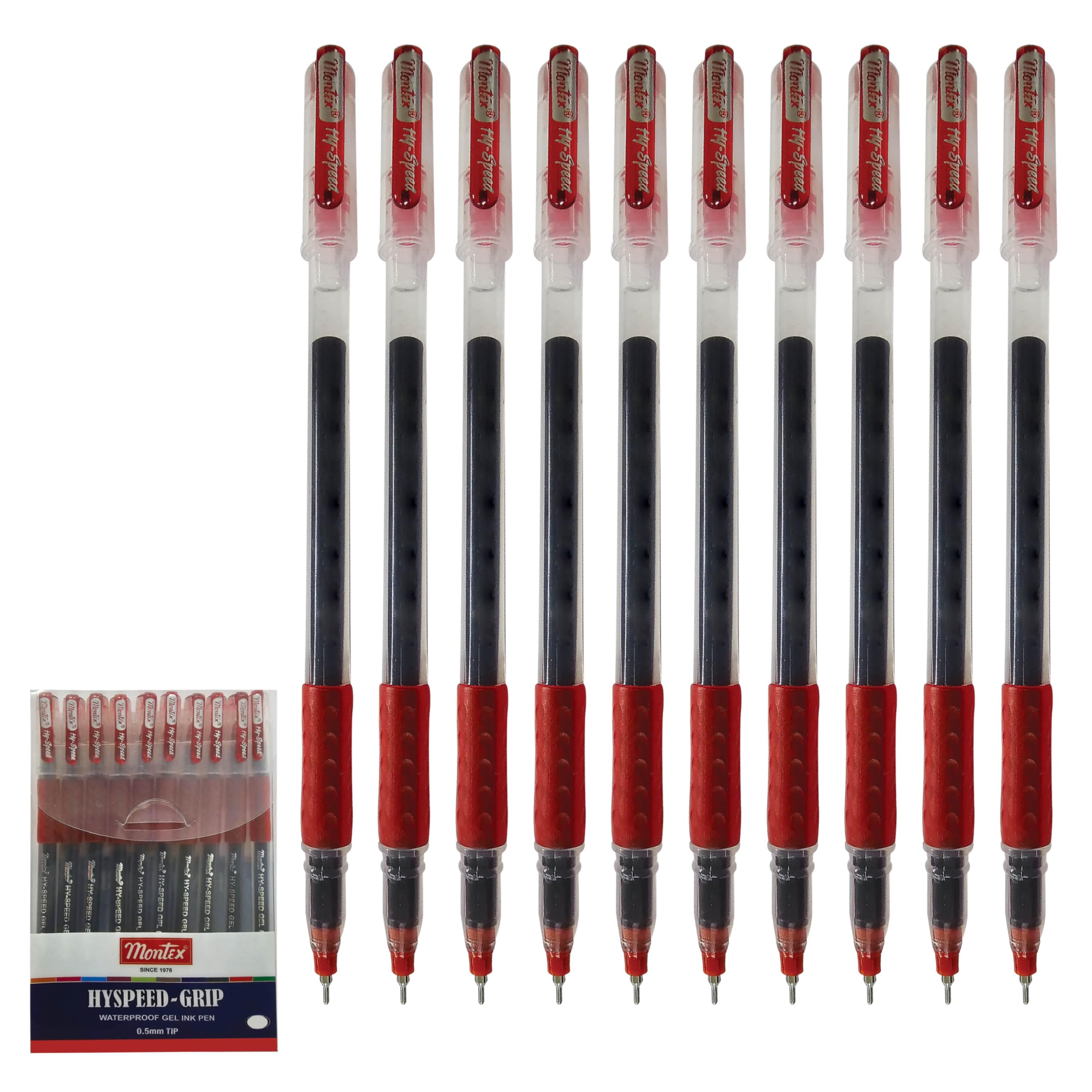 HYSPEED-GRIP Gel Pens, Fine Point (0.5mm), RED, Pack of 10, Waterproof Gel Ink Pens, Rubber Grip, School Office Home Everyday Use, iZOFAX Black Ball Pen