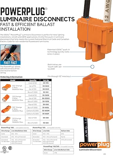 Miniatura 2 de IDEAL INDUSTRIES INC. 30-352J - Enchufe de alimentación de desconexión de luminarias, 2 cables, naranja, (paquete de 150)