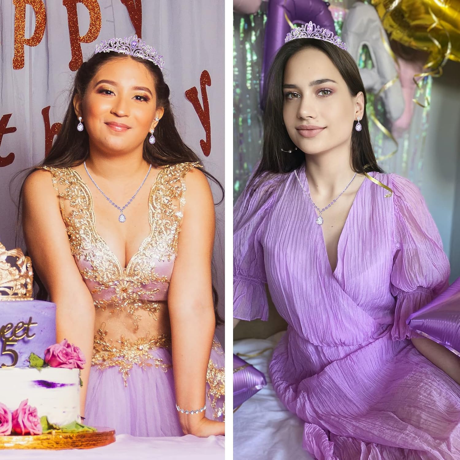 CIEHER 4/5 Pieces Women Jewelry Set - Rhinestone Crown + Drop Necklace + Elegant Bangle Bracelet + Crystal Teardrop Dangle Earrings for Bridal Wedding Party - Image 7