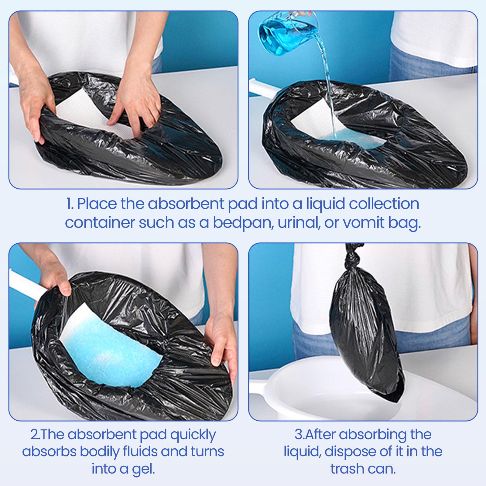 50 PCS Alfombrillas Superabsorbentes para Inodoro 25 x 13 cm, Alfombrillas Desechables Portátiles para Mesitas de Noche, Neceseres y Cuñas, Ajuste Universal para Cuidados del Enfermo o Viaje