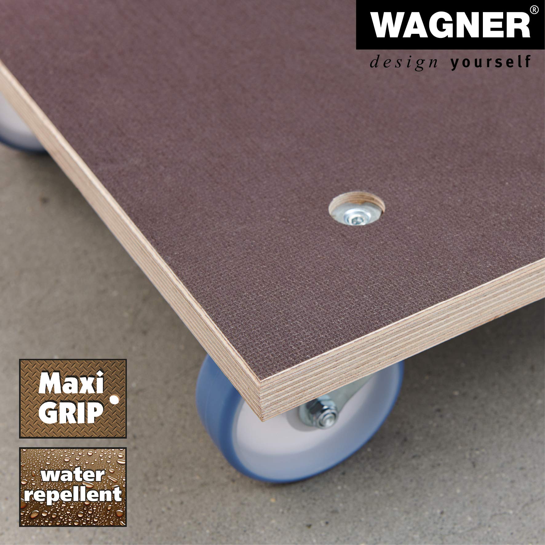WAGNER Transportroller Transporthilfe 1145 I Schichtholz 24 mm mit Grip I 59 x 49 x 15 cm, Tragkraft 500 kg I Schwerlastroller für Umzug, Werkstatt, Handwerk I Rollbrett Softrollen I FSC® I Made in DE