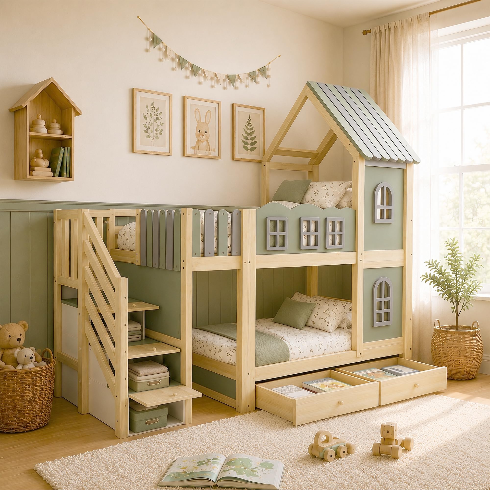 Letto Casetta per Bambini Ragazzi 90x200cm con Scaletta Contenitore, Mensole e Cassetti, Tetto con finestre, Letto a Castello Matrimoniale con Rete a Doghe (Verde) Senza Materasso