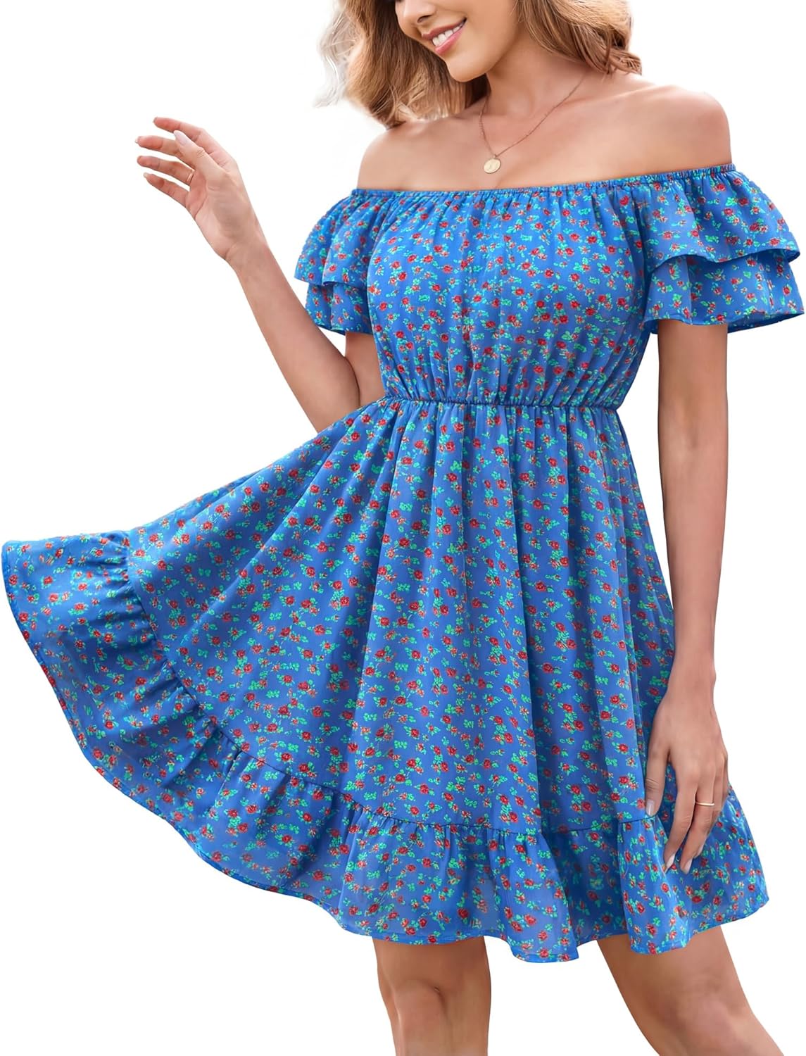 Womens Off The Shoulder Floral Mini Dress Babydoll Summer Beach Vacation Flowy Boho Sundress