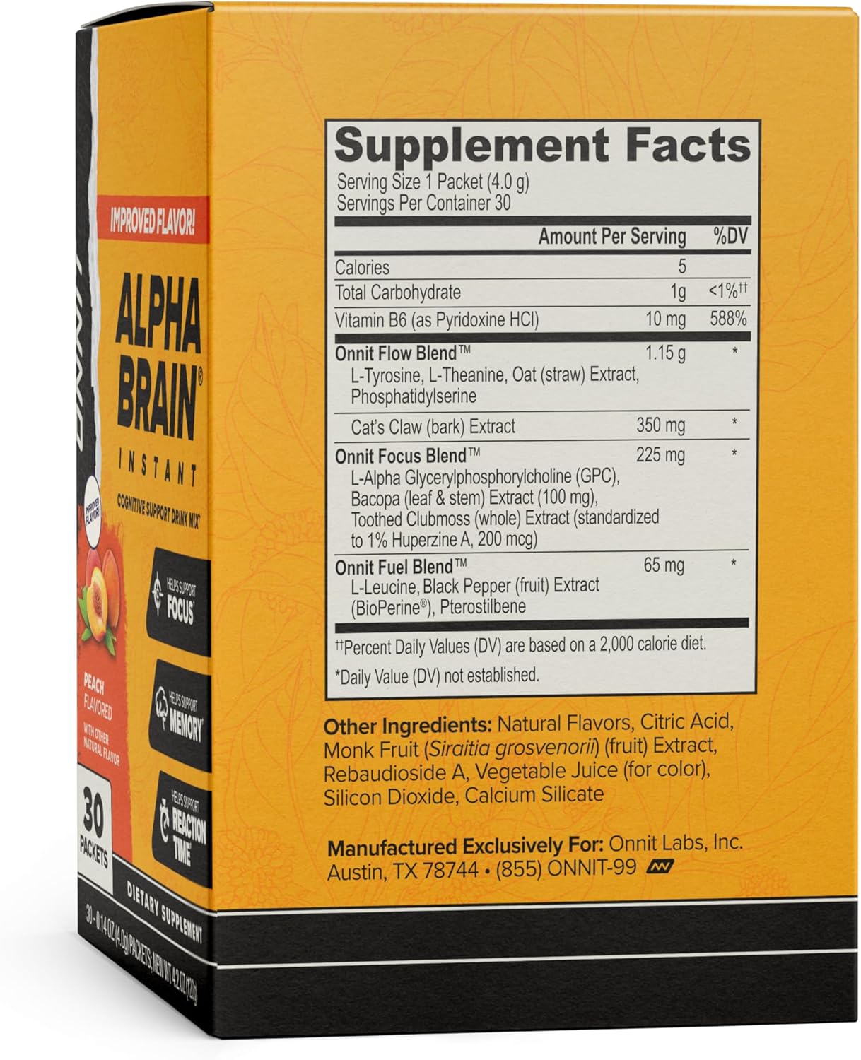 ONNIT Alpha Brain Instant Cognitive Support Drink Mix, Nootropic Supplement for Focus, Memory and Clarity, Peach Flavor, 0.13 oz Packets, 30 Count - Image 2