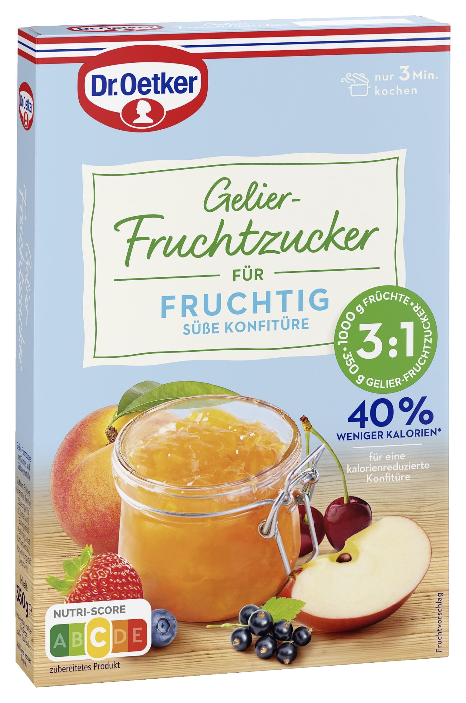 Dr. Oetker Gelier-Fruchtzucker, 6 x 350 g, Gelier-Fruchtzucker mit Zucker und Süßungsmitteln, zum Selbermachen von Konfitüren, Marmeladen & Gelees, fruchtig süß, 40% weniger Kalorien, vegan