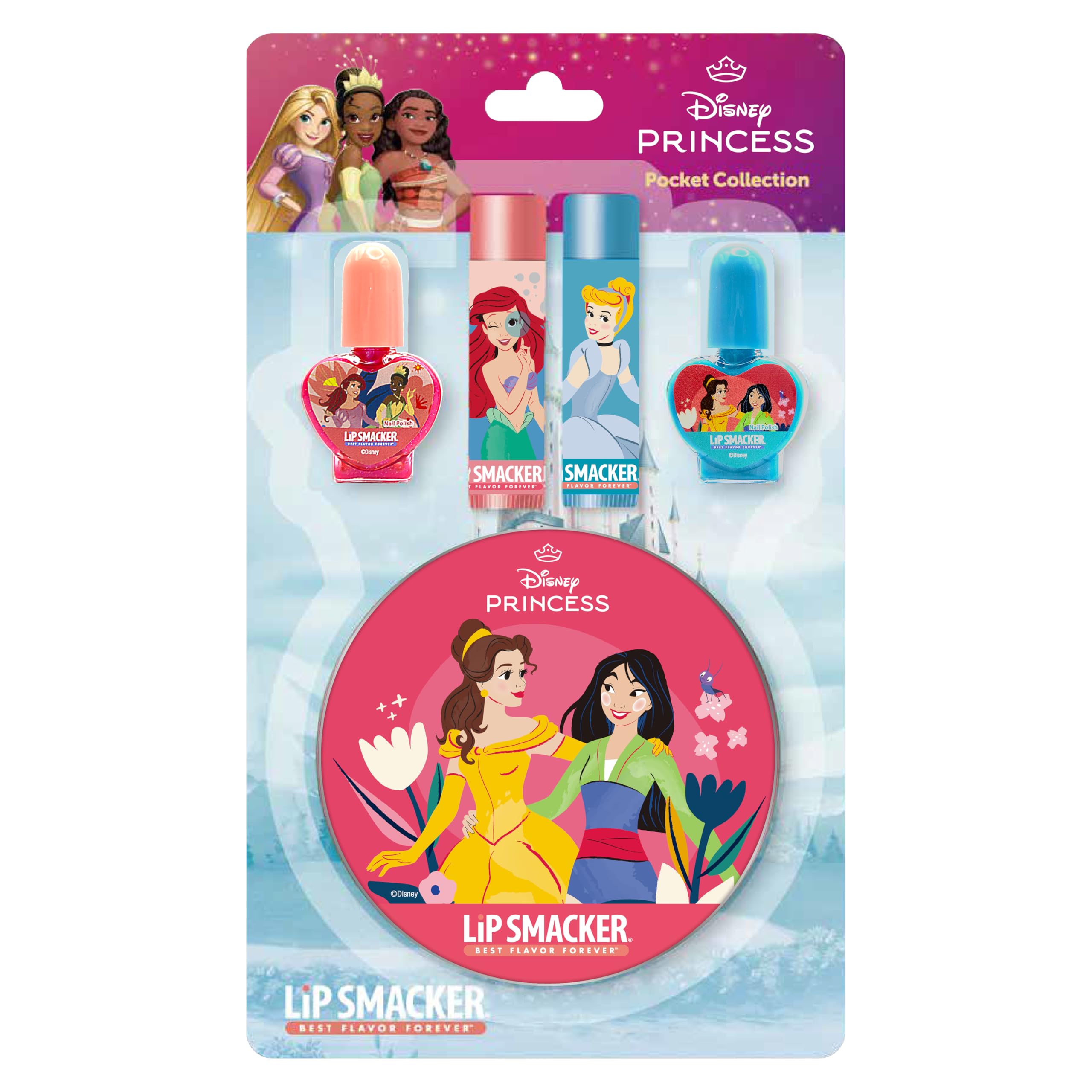 Lip Smacker Princess Beauty Pocket Collection, Set de 4 Piezas de Maquillaje Infantil Princesas Disney con Bálsamos Labiales y Esmalte de Uñas en un Bonito Estuche de Regalo