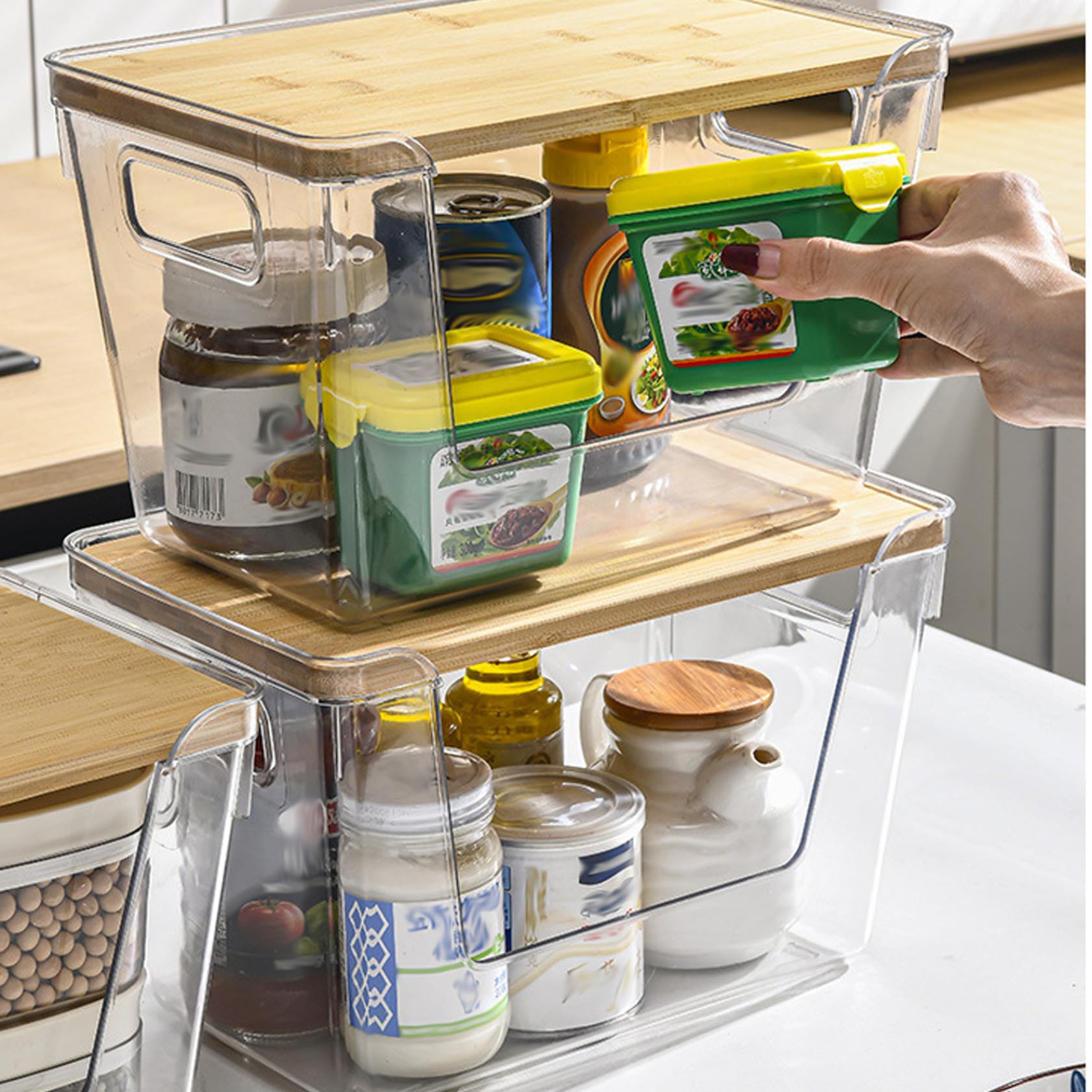 Dispensador de bolsas de basura, 2 unidades, apilables, de gran capacidad, con frente abierto, con tapas de bambú y asa para organización de cocina, lavandería