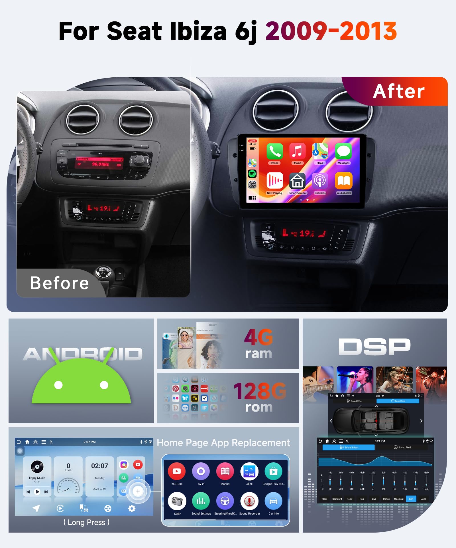Radio samochodowe Hodozzy Carplay 4 + 128 G, do Seat Ibiza 6j 2009-2013, 9-calowy ekran w komórce, stereo, samochody stereo Bluetooth 5.0 z Android Auto/EQ/GPS/Wifi/RDS/USB/SWC + kamera cofania do