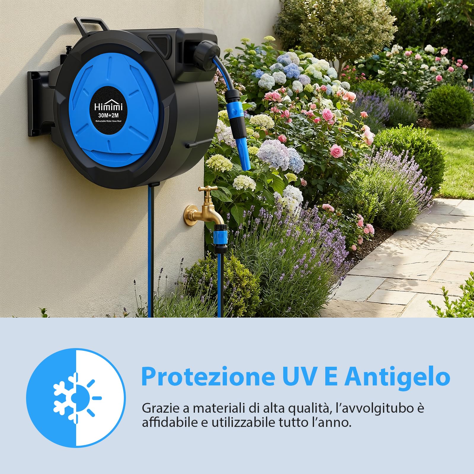 Himimi Avvolgitubo da Giardino Retrattile da Parete, 30 m + 2 m, 1/2", Avvolgitubo Automatico con Rientro Lento, Blocco a Qualsiasi Lunghezza, Supporto Girevole 180°, per Irrigazione Giardino