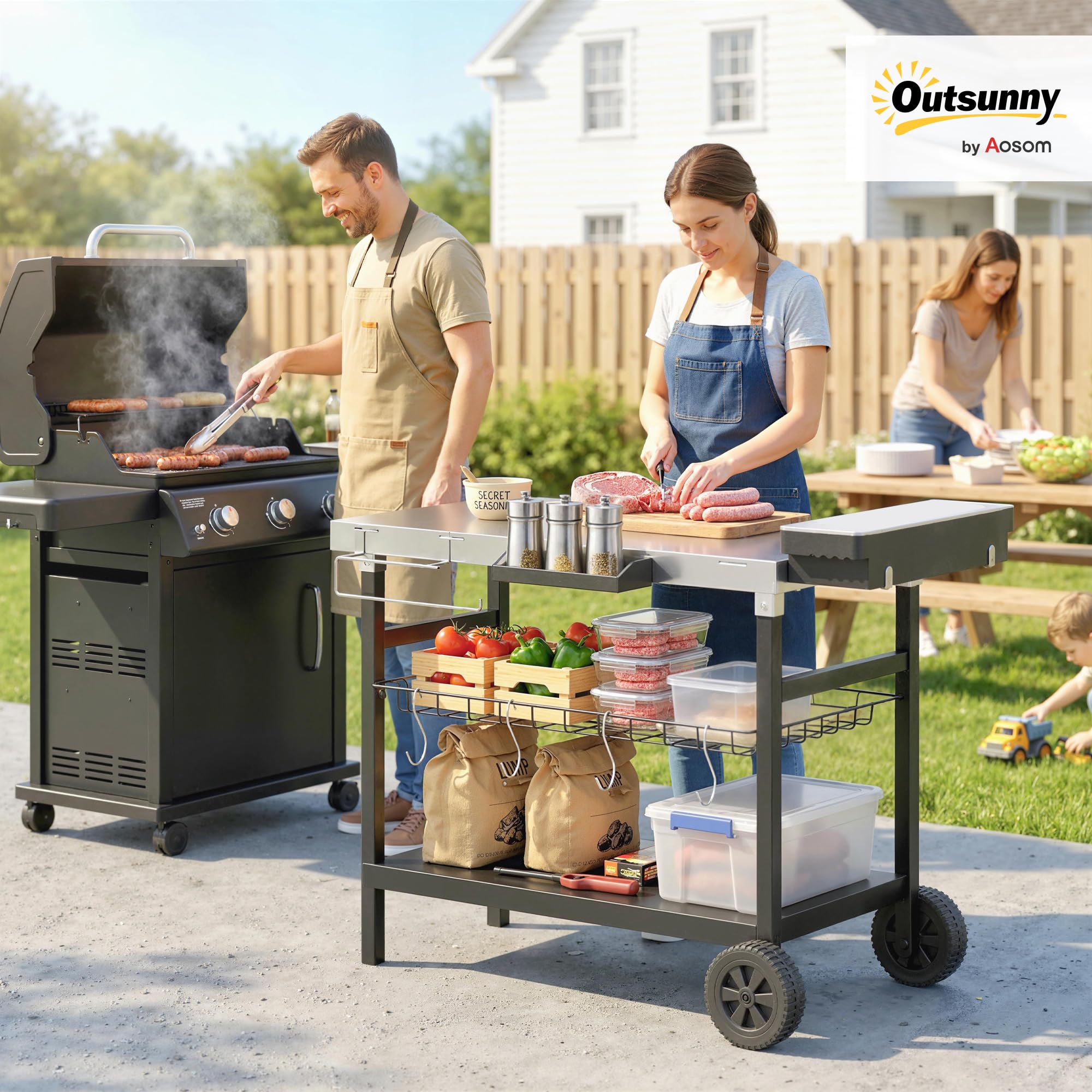 Outsunny Carrello Barbecue da Esterno con Piano in Acciaio Inossidabile, Carrello Cucina da Esterno con 2 Ruote, Porta Spezie, 4 Ganci e Maniglia Laterale, 114x61x81 cm, Nero