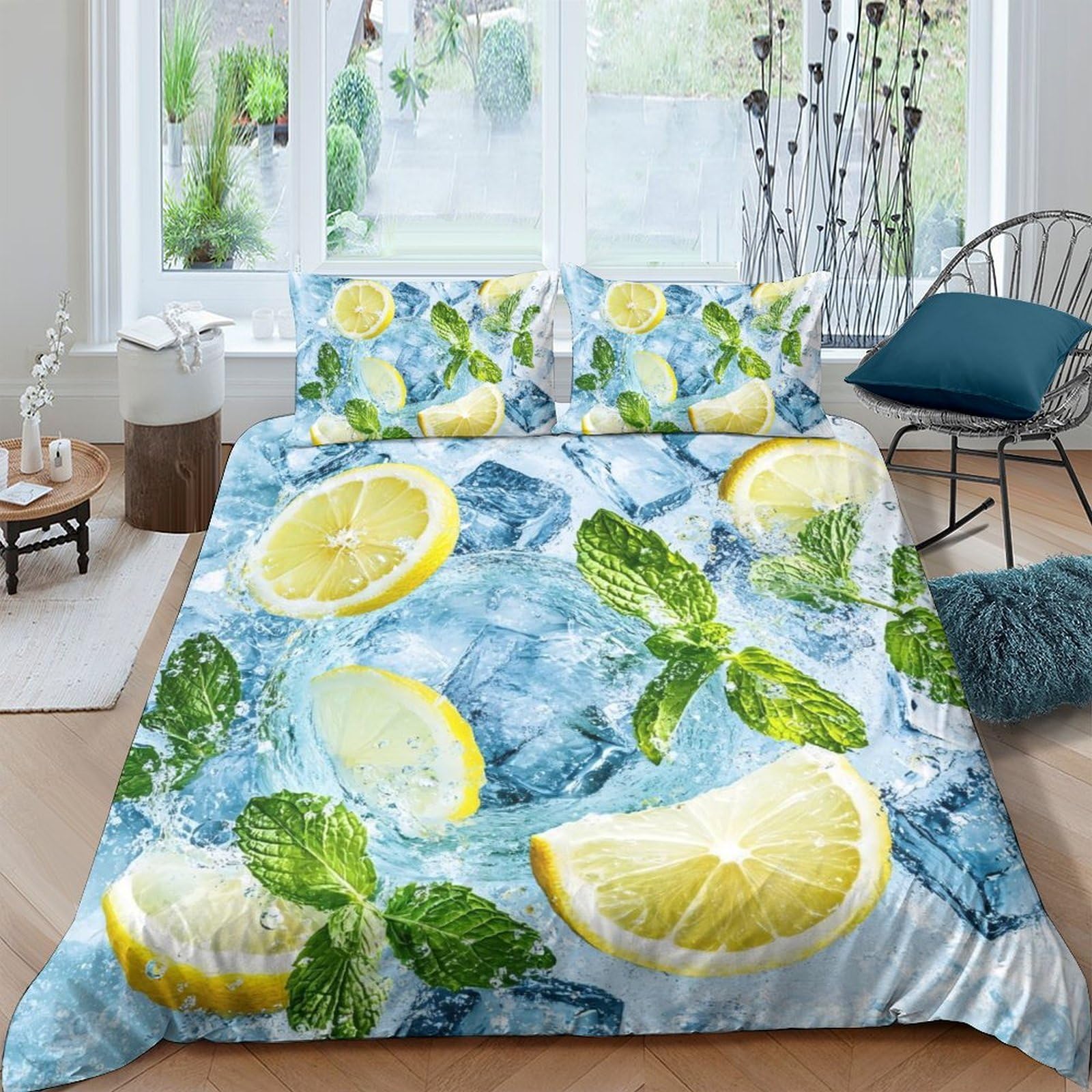 GPLZQXKJNH 3D Printed Lemon Mint Duvet Cover Set Microfiber Soft Breathable Citrus Splash Bedding Set with 2 Pillowcases for Bedroom Decor Single（135x200cm）