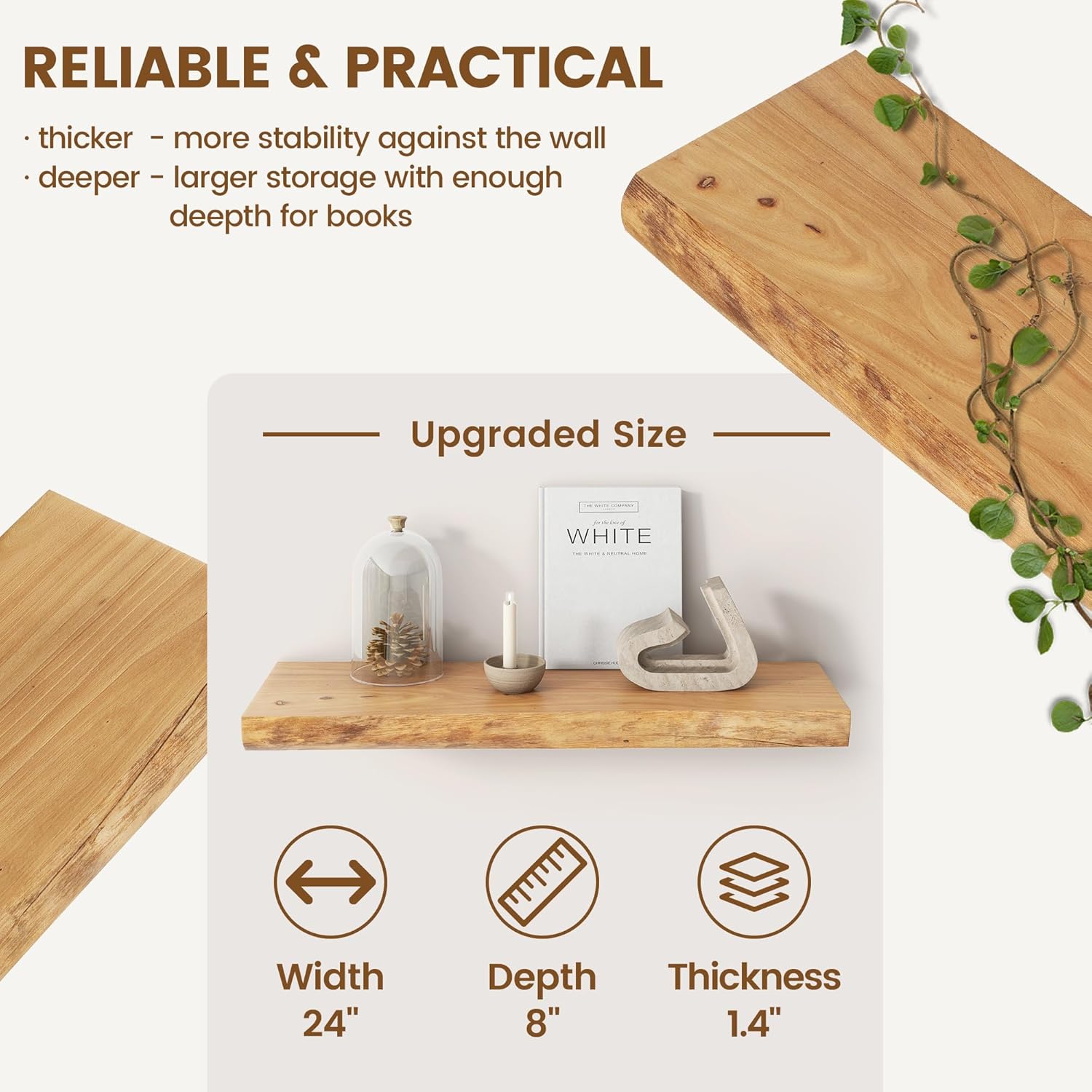 Live Edge Elm Floating Shelves for Wall Decor, Rustic Solid Wood Shevles Wall Mounted with Invisible Bracket for Living Room Bathroom Bedroom Kitchen, 24 Inch Set of 2, Natural