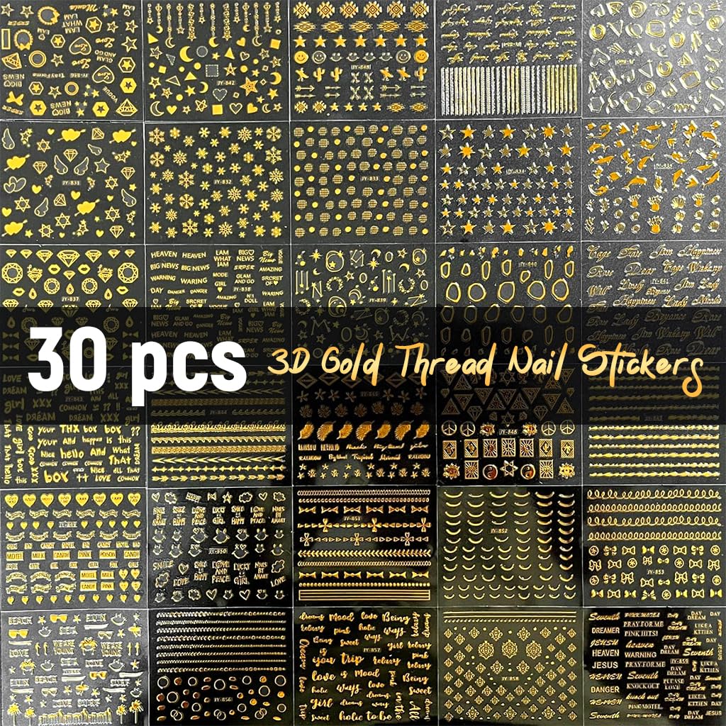 MAYCREATE® Gold Line 3D Nail Art Stickers, 30 Sheets, Self-Adhesive Decals