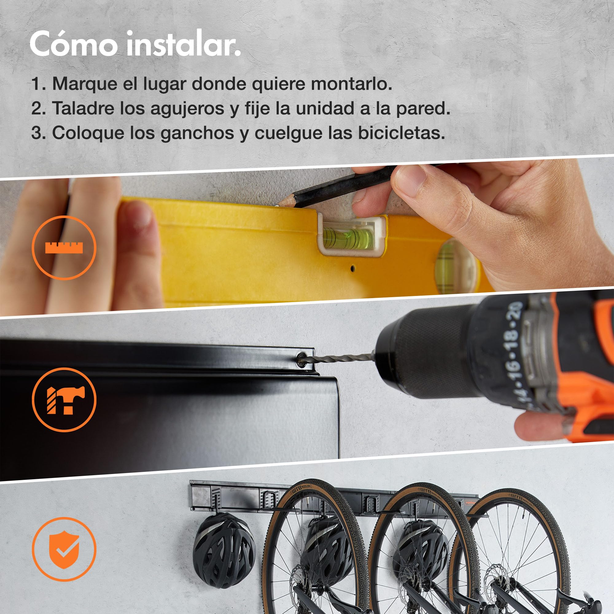VonHaus Soporte de Bicicletas Pared Vertical – Colgador Pared 3 Bicis y 3 Cascos – Cuelga Bicis de Pared para Organizar Garaje – Soporte de Pared Bicicletas de Montaña o Carretera