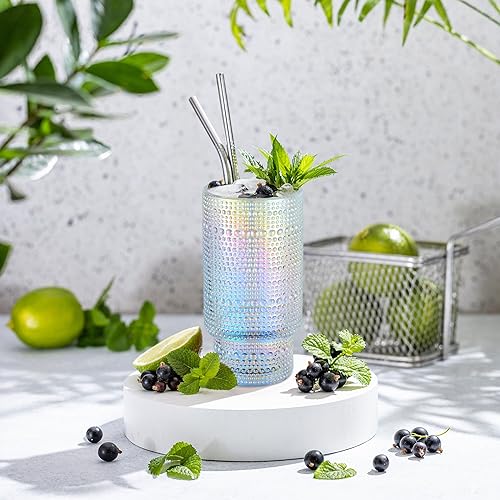 Miniatura 4 de Joeyan Vasos de agua iridiscentes, vintage en relieve, apilables, románticos, juego de cristalería transparente con arco iris, bola alta con cuentas