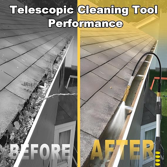 20FT Reach Gutter Cleaning Tools from Ground, Telescopic Rain Gutter Cleaner Tool with Garden Hose Attachment and Bendable Sprayer Wand