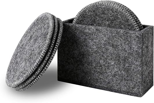 Drink Coasters Set of 6 with Holder - Dark Gray Round Water Absorption Felt Mat, Prevent Furniture from Dirty and Scratched, Suitable for Kinds of Mugs and Cups, 3.94 Inches Diameter