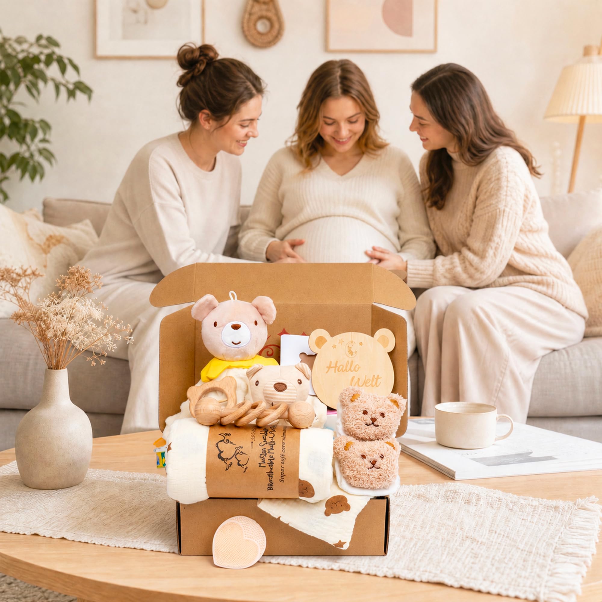 Geschenk zur Geburt – Baby Schmusetuch mit Holzrassel, Rassel, Silikonbürste, Babydecke, Socken – Babyparty Geschenkbox