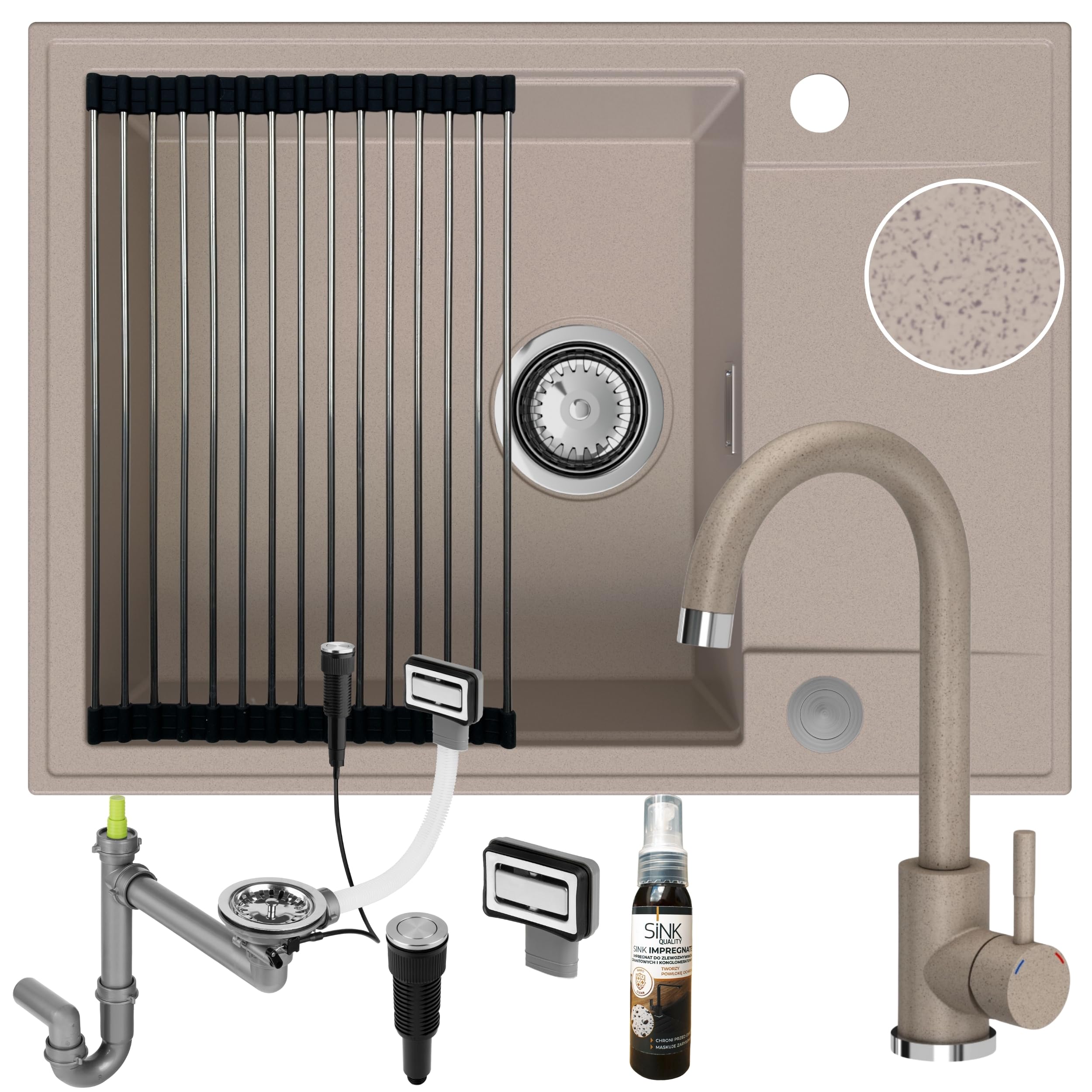 SINK Quality zlewozmywak beżowy z armaturą zestaw 62 x 46 – zlewozmywak z kranem, syfon, push, ociekacz, środek impregnujący – kompletny zestaw do szafki pod umywalkę 55
