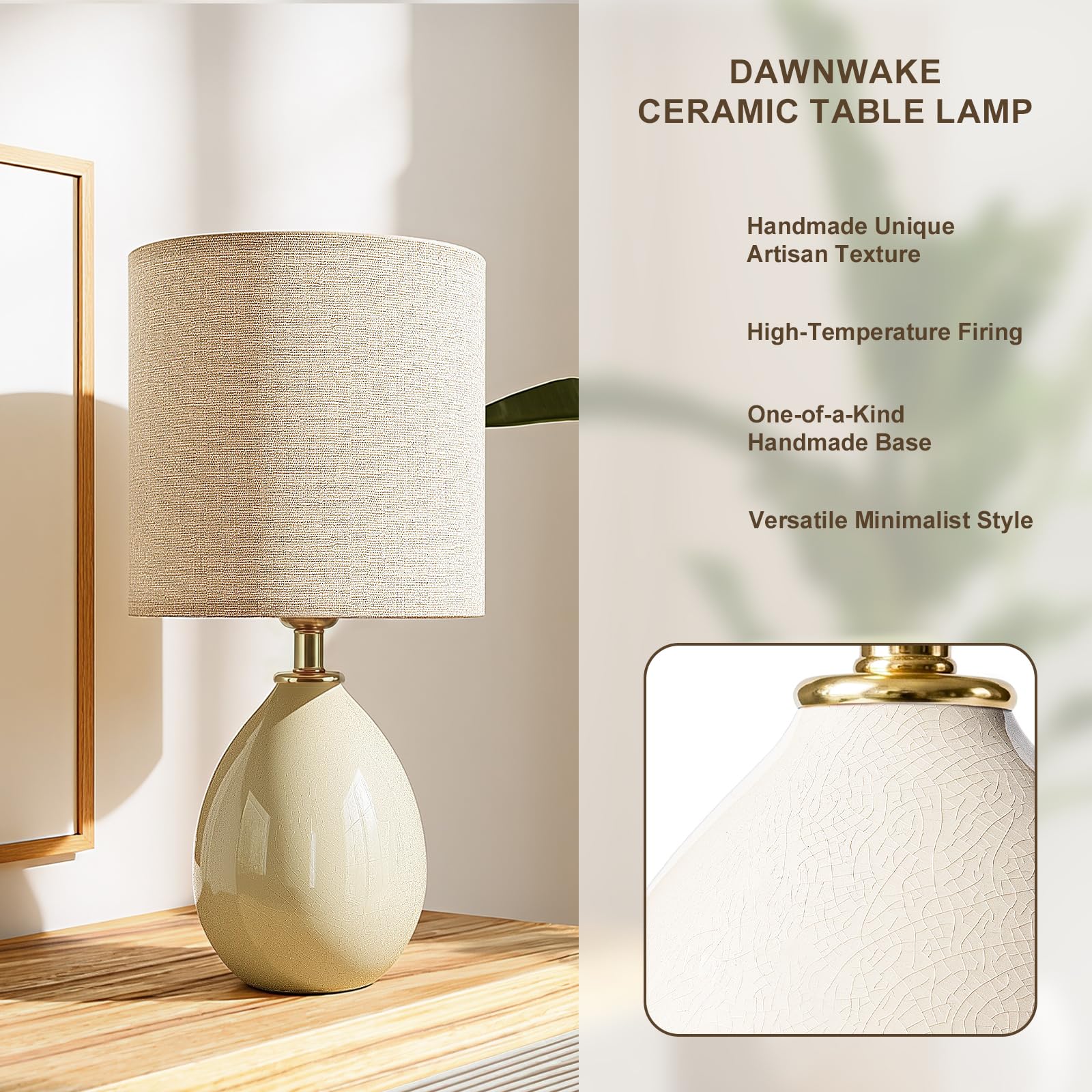 Dawnwake Nachttischlampe, 2-Teiliges Set, Dimmbare LED-Tischlampe Mit Keramikfuß und Leinenschirm, Geeignet Für Schlafzimmer, Wohnzimmer und Büro[Energieeffizienzklasse F]