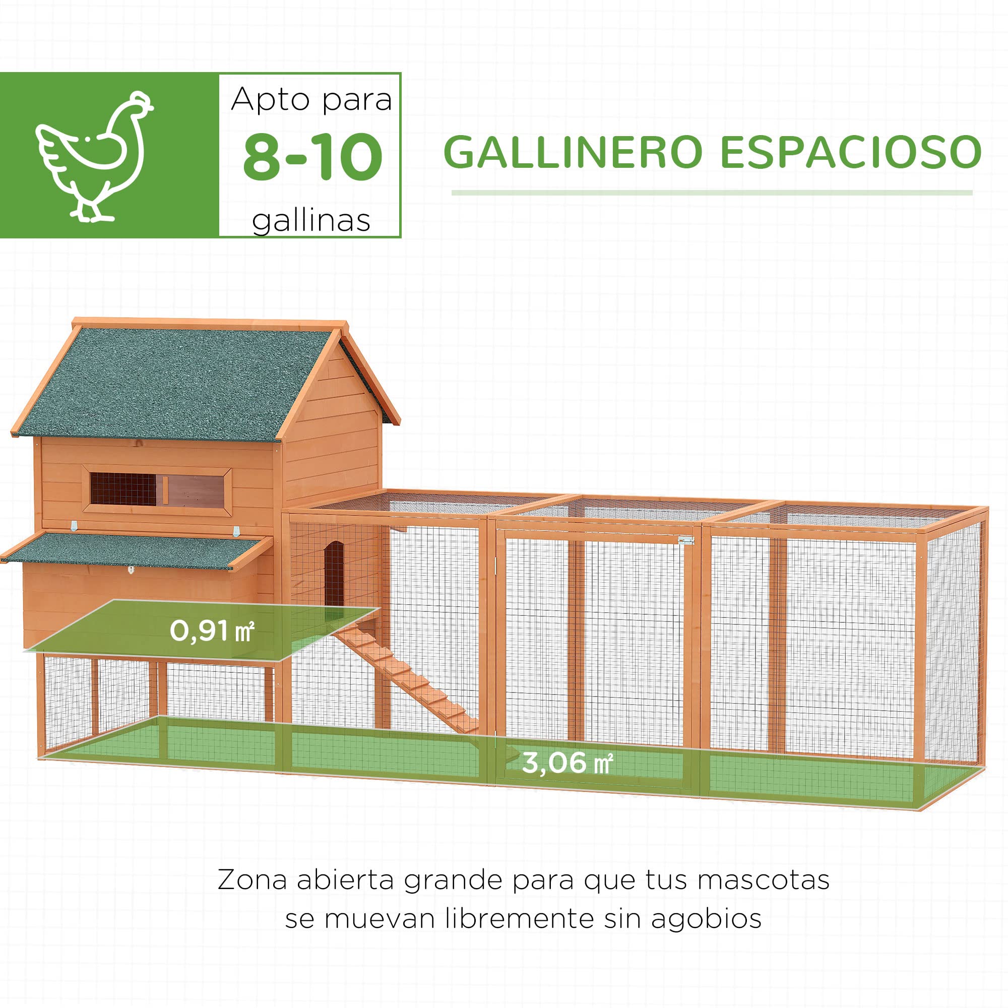 PawHut Gallinero de Madera Grande Exterior 347x160x150 cm para 4-6 Gallinas con 2 Nidos, Corral, Techo Asfáltico