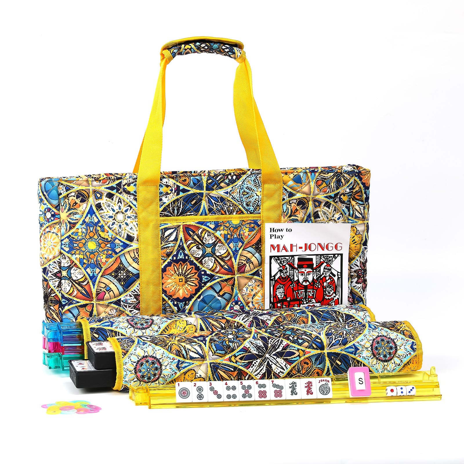 American Mahjong Tile Set with Yellow Printed Carrying Bag, 166 Blue Tiles, 4 All-in-One Color Racks/Pushers, Mah Jongg Sets, Mahjong Game Set for Travel, Christmas, Birthday Gifts