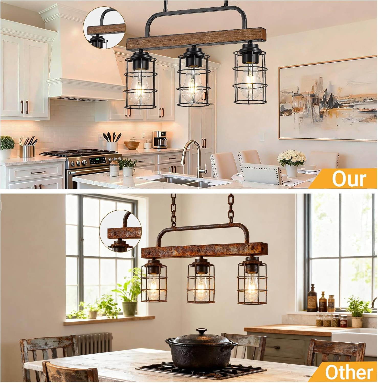 3-Light Farmhouse Walnut Chandelier for Dining Room, Black Kitchen Island Light with Rust-Proof Metal Frame & E26 Base, 49" Height Adjustable Pendant Light Fixture Over Table & Bar