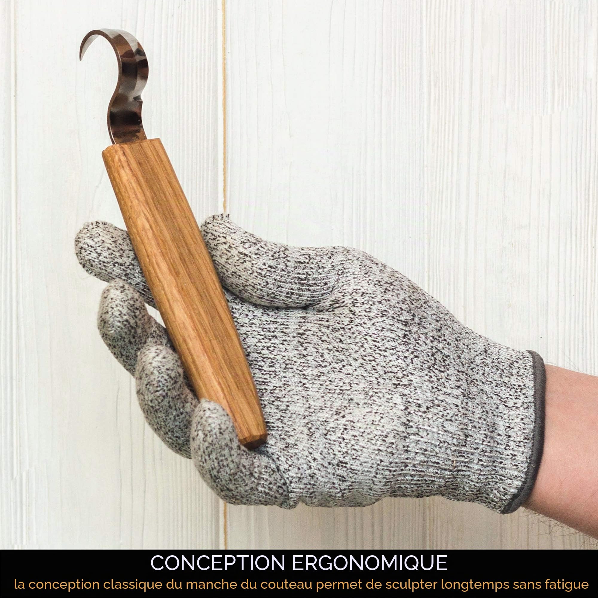BeaverCraft Couteau à crochet pour sculpture sur bois SK1S Couteau à sculpter les cuillères avec fourreau en cuir