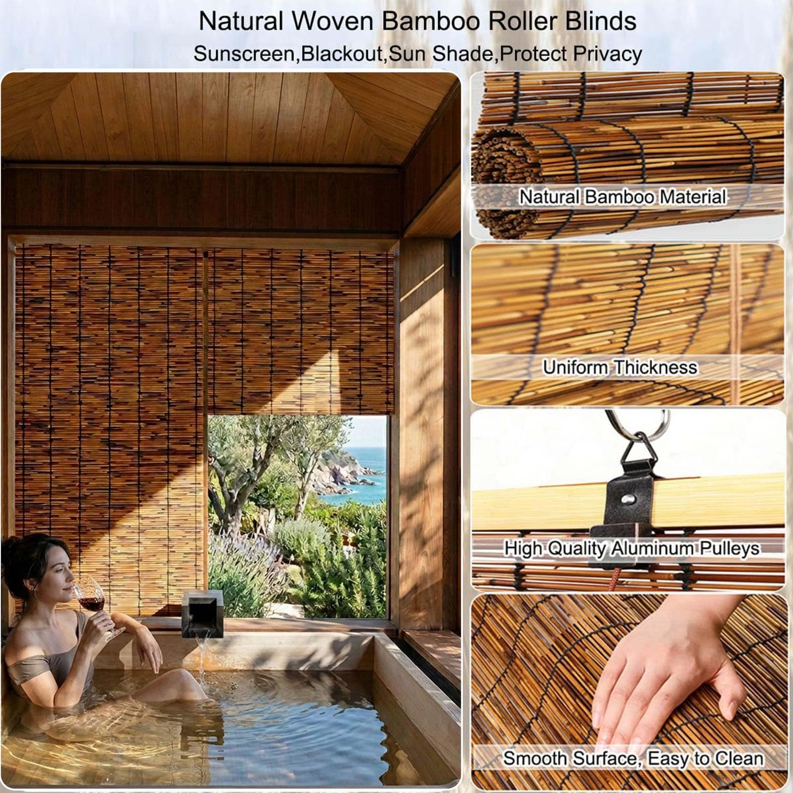 Store Bambou Extérieur pour Terrasse et Balcon, Store Enrouleur en Roseau Naturel, Brise Vue pour Pergola, Véranda et Jardin, Store Décoratif pour Fenêtres et Espaces Extérieurs(W150 x H260 cm)